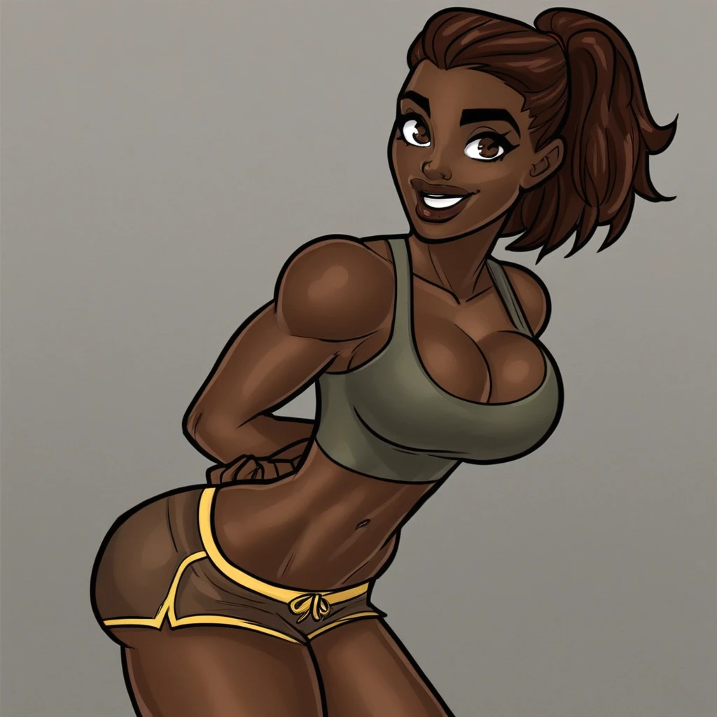 1girl, solo, Aleysha, dark skin, ebony, ebony female, 1girl, dark-skinned female, brown eyes, brown hair, ponytail, brown lips, crop top, sleeveless, cleavage, short shorts, midriff, navel, tank top, shorts, happy expression, hands behind back, looking at viewer