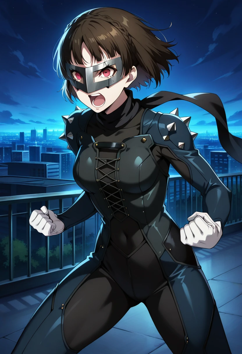 score_9, score_8_up, score_7_up, (source_anime), 1 girl, solo, nsfw, cute face,
p5makoto, p5makotoqueen, niijima makoto, short hair, bangs, brown hair, gloves, standing, braid, white gloves, scarf, black scarf, bodysuit, mask, spikes, clenched hands, black bodysuit, crown braid, shoulder spikes
outdoors, cityscape, dynamic pose, yelling, angry, nighttime, dark, starlight, shadows,
masterpiece, best quality, ultra detailed, absurdres, very aesthetic