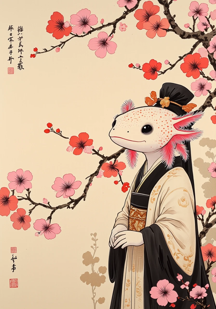 OBguofeng, a traditional chinese scroll painting of an axolotl in elegant Hanfu, standing amidst a blossoming plum orchard in springtime. The blossoms are depicted with delicate brushstrokes, contrasting with the strong lines of her flowing robes. The style should be reminiscent of classical Chinese court painting, with a focus on refined elegance and delicate detail. The ink washes should be subtly varied, creating depth and texture in both the clothing and the blossoms. The overall mood should be one of gentle beauty and quiet contemplation. Include details such as the delicate embroidery the clothing and the gentle breeze rustling through the branches. the axolotl has pink frilly gills and round black eyes<lora:OBå½é£ç»ç»V2.safetensors:1.0:1.0> <lora:Axomodel_Flux_V2.safetensors:0.9:0.9>