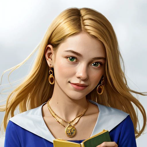 High quality, high resolution, teenage human girl portrait. She is wearing white flowing clothing, and wearing a lot of gold jewelry. She is holding a brown book with a sun on it. She is wearing a golden sun pendant around her neck. Her eyes are a natural gold color. Detailed face, Perfect lighting, blonde hair, cute face, small nose, pink lips, gold eyes. Golden sun necklace in yellow gold with rays of sun spiking out