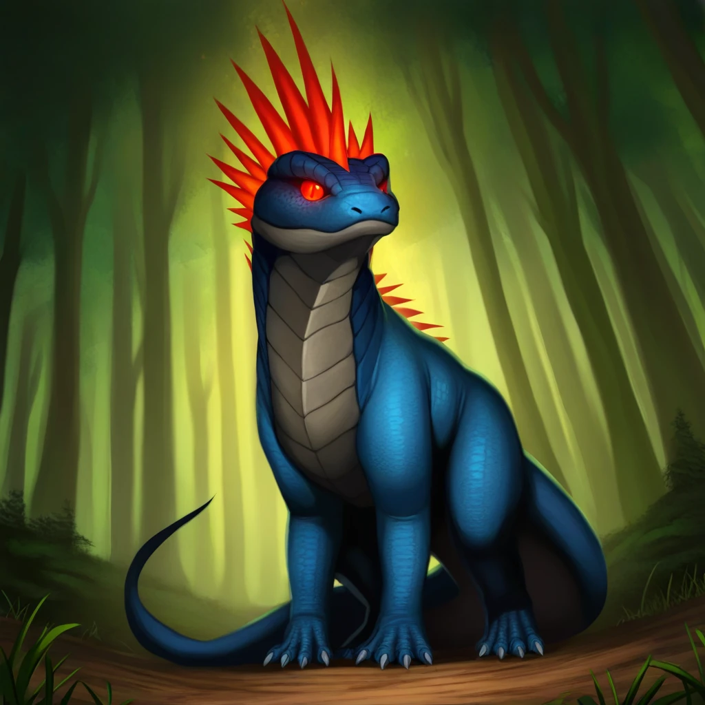 Role-playing game (RPG) style fantasy <lora:Basilisk-illustrious:1> basx, solo, 1 basilisk creature, komodo dragon-like creature, and a big crest on its head, long tail, obsidian scales, glowing red eyes, dense forest, silver moonlight, misty atmosphere, towering trees, chiaroscuro lighting, wide-angle perspective, eerie fantasy mood, ethereal glow . Detailed, vibrant, immersive, reminiscent of high fantasy RPG games