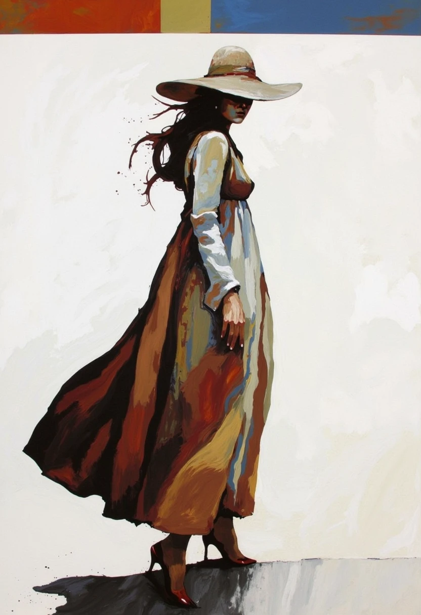 A modern abstract oil painting by Bruce Holwerda depicting a woman standing against a white background with a slight blue and gray tinge with bands at the top and bottom of the image, composed of a mixture of orange, red and blue, creating a vibrant and dynamic composition. The woman is wearing a long flowing dress with a high neckline and long sleeves. She is also wearing a large, wide-brimmed hat. The hat is brown and appears to be made of straw or similar material. The dress is billowing in the wind, with the skirt slightly flared at the bottom. The painting is done in a loose, impressionistic style, with loose brushstrokes and bold lines. The overall mood of the picture is lively and energetic. <lora:Bruce_Holwerda:0.85>