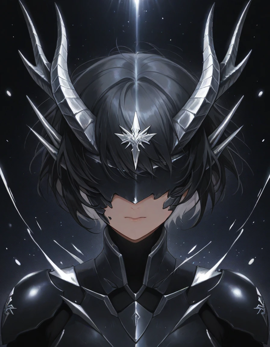 face, dragon female, short hair, armored, dragon horns, adorned horns, black color, black, silver insignia, vivid, covered eye, particles, motion, particle splash, close up face,
transformation, light particles, nova in background,