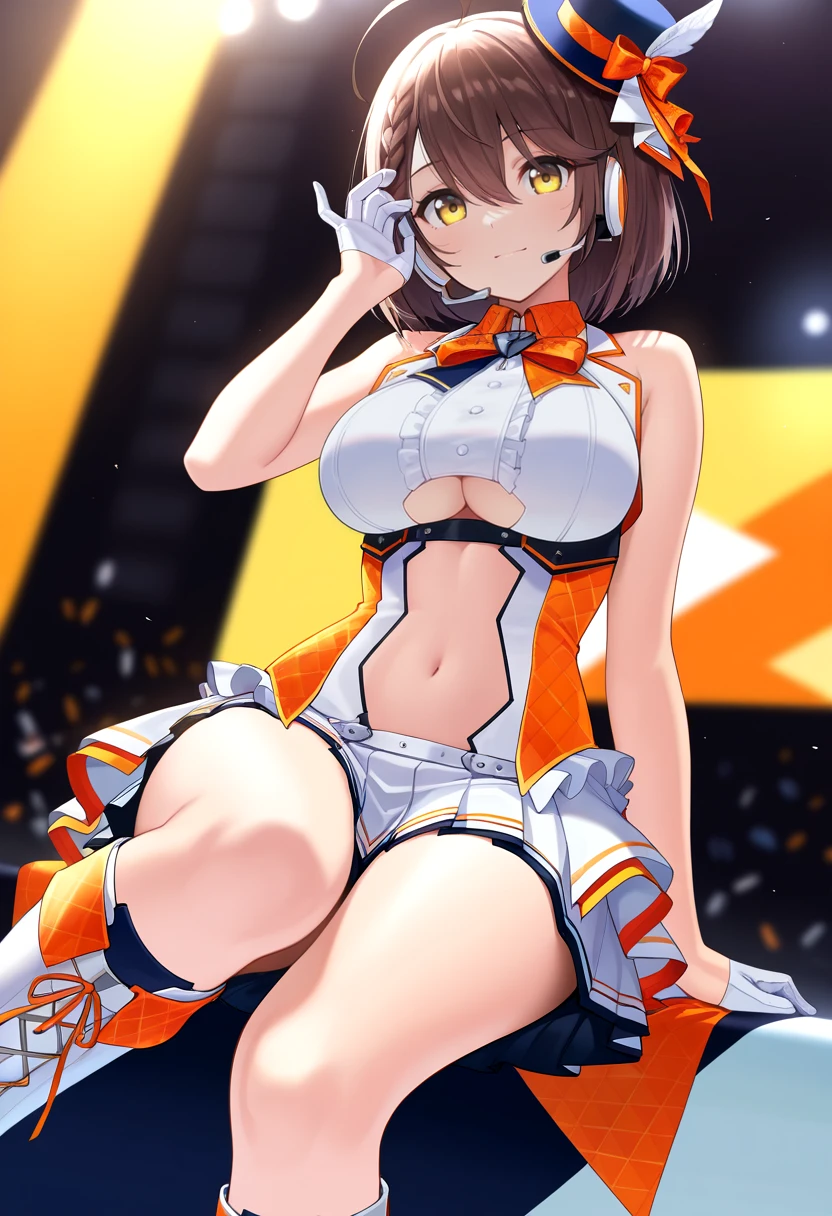 masterpiece, best quality,  <lora:Baltimore-AIO-initiumtest-000016:1> 1girl, solo, Brown hair, yellow eyes, braid, hair between eyes, ahoge,  collared dress, pleated skirt, idol, knee boots, white boots, bare shoulders, bare arms, frills, white gloves, hair ornament, orange trim, underboob cutout, stomach cutout, white skirt, headset, half gloves, hat, orange ribbon