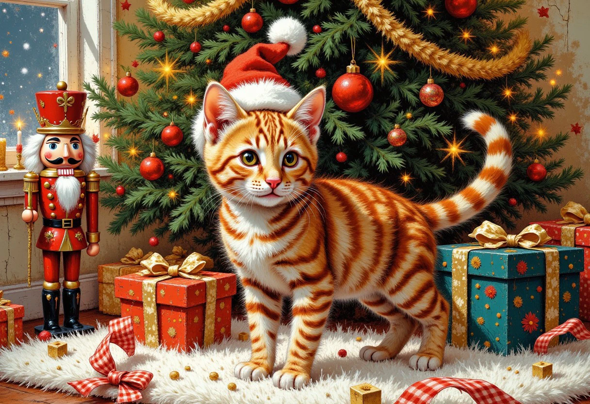 The festive scene depicts an adorable fiery red tabby cat wearing a Santa hat with white pom-poms on top. The kitten's sleek, athletic body is decorated with noticeable stripes, mostly red with hints of pink. It stands on a plush white surface that resembles a gift box, with a red-white-gold checkered ribbon at the base. In the background is a beautifully decorated Christmas tree, sparkling with various decorations, including red and gold trinkets, twinkling lights. To the left of the cat is a nutcracker figure in a royal outfit, complementing the holiday atmosphere. The overall atmosphere is warm and cheerful, conveying the joy of the season. Modifiers:
highly detailed digital painting clear quality illustration colorful disney very cute pixar cartoon Comic style Detailed whimsical without watermarks cute cartoon without frame Without signature Bold colors with high detail