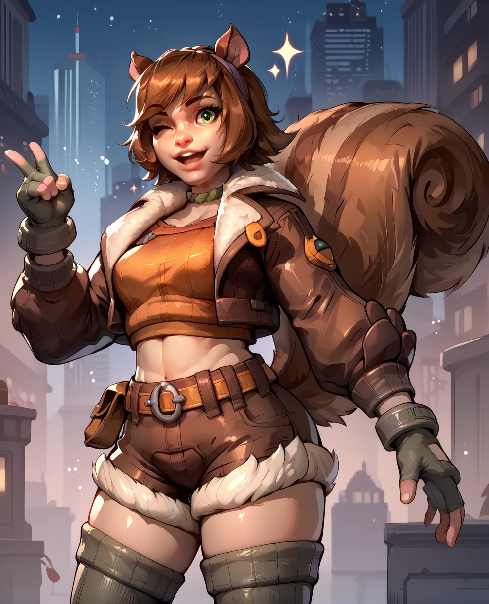 score_9,score_8_up,score_7_up,score_6_up,
sqrrlgrlmr,brown hair,animal ears,green eyes,
brown jacket,fur trim,headband,long sleeves,shorts,wink,fingerless gloves,choker,
orange shirt,midriff,looking at viewer,light smile,open mouth,thighhighs,chest strap,
night,city,squirrel tail,solo,sparkle,
standing,
<lora:SquirrelgirlMR:0.9>,