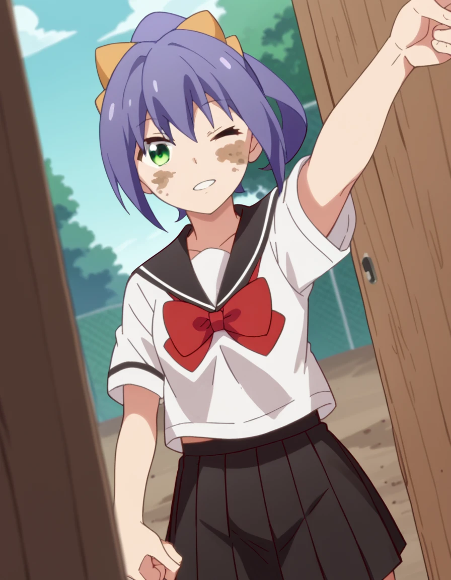 score_9, score_8_up, score_7_up, source_anime, <lora:ayane-matsuura-s1-ponyxl-lora-nochekaiser:1>, ayane matsuura, bow, green eyes, ponytail, purple hair, hair bow, anime screencap, skirt, school uniform, serafuku, black skirt, pleated skirt, red bowtie, black sailor collar, white shirt,, trench, dirt, warfare, shelter, depth, , <lora:selfie-outstretched-arm-ponyxl-lora-nochekaiser:1> selfie, arm up, foreshortening, looking at viewer, outstretched arm, reaching, reaching towards viewer, v, parted lips, one eye closed, cowboy shot, looking at viewer, solo,, dutch angle, cowboy shot