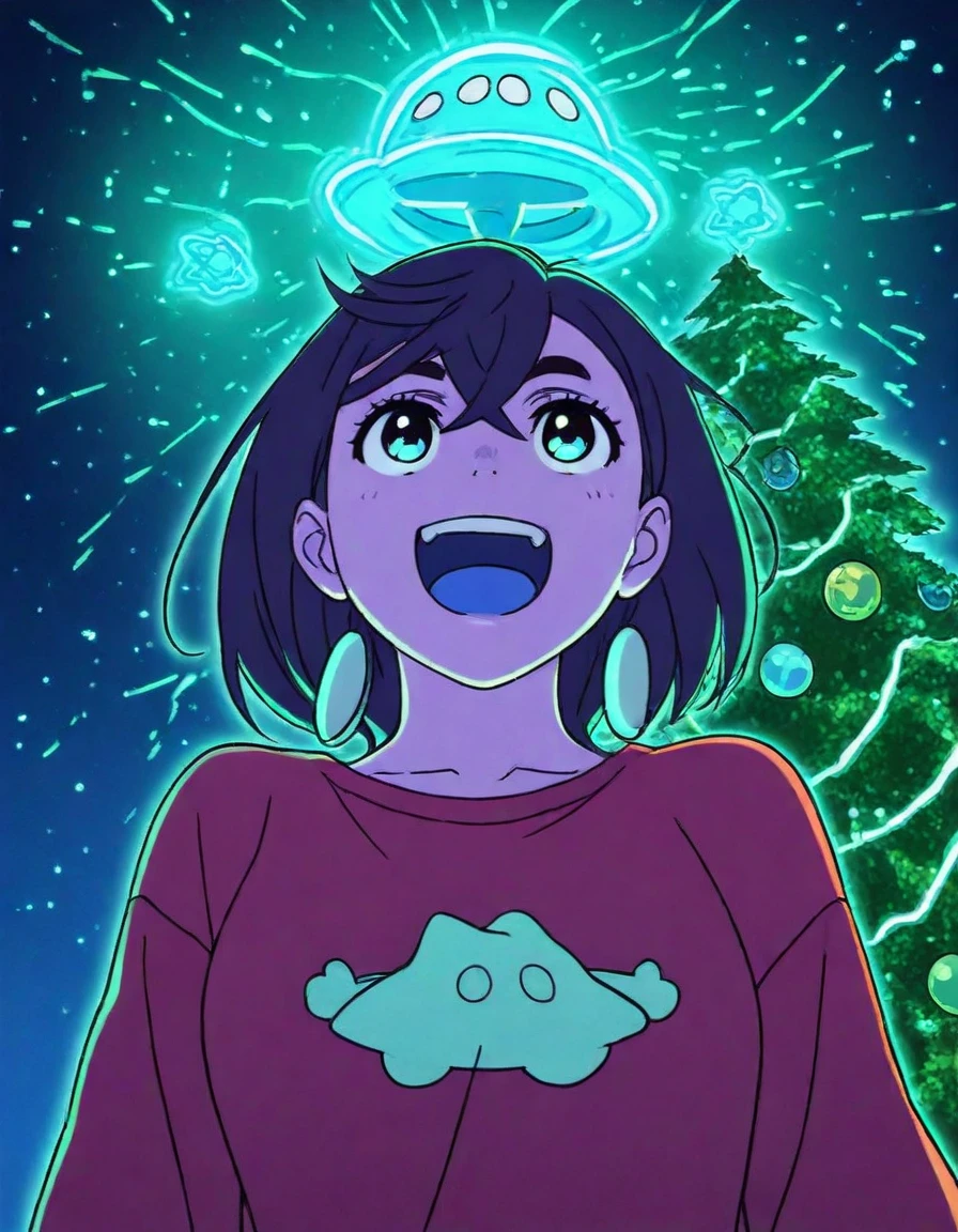 masterpiece, best quality, momo-ayase, upper body shot, looking up, excited, neon color scheme, wearing a Christmas sweatshirt, Christmas tree in background, ufo ornaments on tree, 2.5d, looking left, low angle <lora:momo-locon-300:1.2>