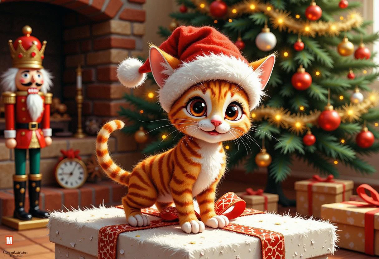 The festive scene depicts an adorable fiery red tabby cat wearing a Santa hat with white pom-poms on top. The kitten's sleek, athletic body is decorated with noticeable stripes, mostly red with hints of pink. It stands on a plush white surface that resembles a gift box, with a red-white-gold checkered ribbon at the base. In the background is a beautifully decorated Christmas tree, sparkling with various decorations, including red and gold trinkets, twinkling lights. To the left of the cat is a nutcracker figure in a royal outfit, complementing the holiday atmosphere. The overall atmosphere is warm and cheerful, conveying the joy of the season. Modifiers:
highly detailed digital painting clear quality illustration colorful disney very cute pixar cartoon Comic style Detailed whimsical without watermarks cute cartoon without frame Without signature Bold colors with high detail