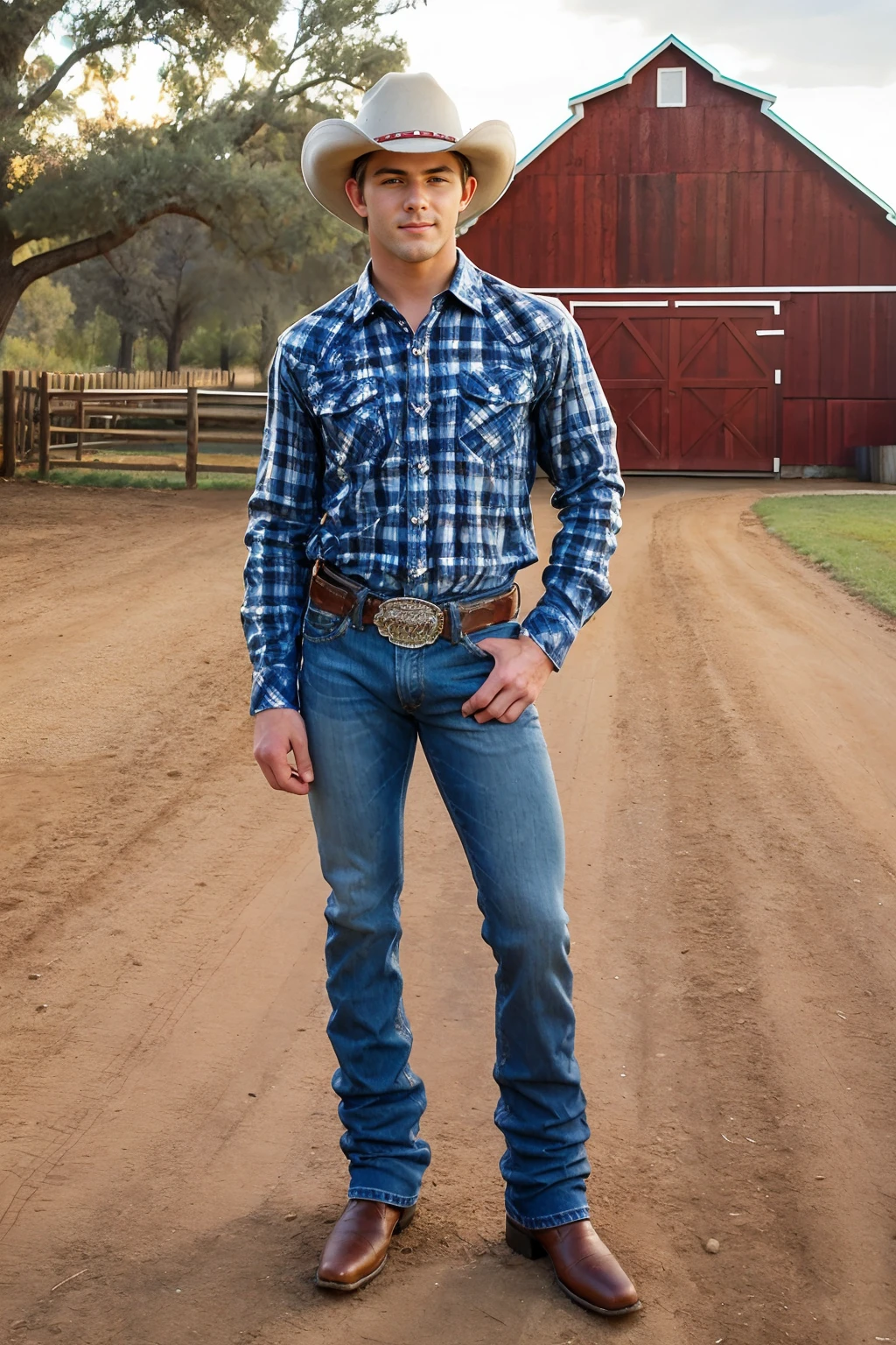 outdoors, standing in front of red barn, KodyKnight, slight smile, sexycowboy, cowboy hat, plaid shirt, denim blue jeans, belt, shiny silver belt buckle, thumbs in pockets,, (((full body portrait))), wide angle,  <lora:Clothing - Sexy Cowboy:0.35>   <lora:KodyKnight:0.8>