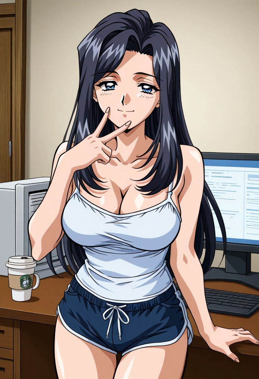 masterpiece, best quality, newest, highres, uncensored, 1girl, yokota mamoru style,1girl,
Nami Koihime OVA, long hair, black hair, forehead,blue eyes, large breasts, 1990s (style)
 cleavage, bare shoulders, camisole, shorts, dolphin shorts,, home office, working from home, computer screen, coffee cup, focus, deadline, smile, looking at viewer, v, v over mouth, smug,, solo,, cowboy shot, dutch angle