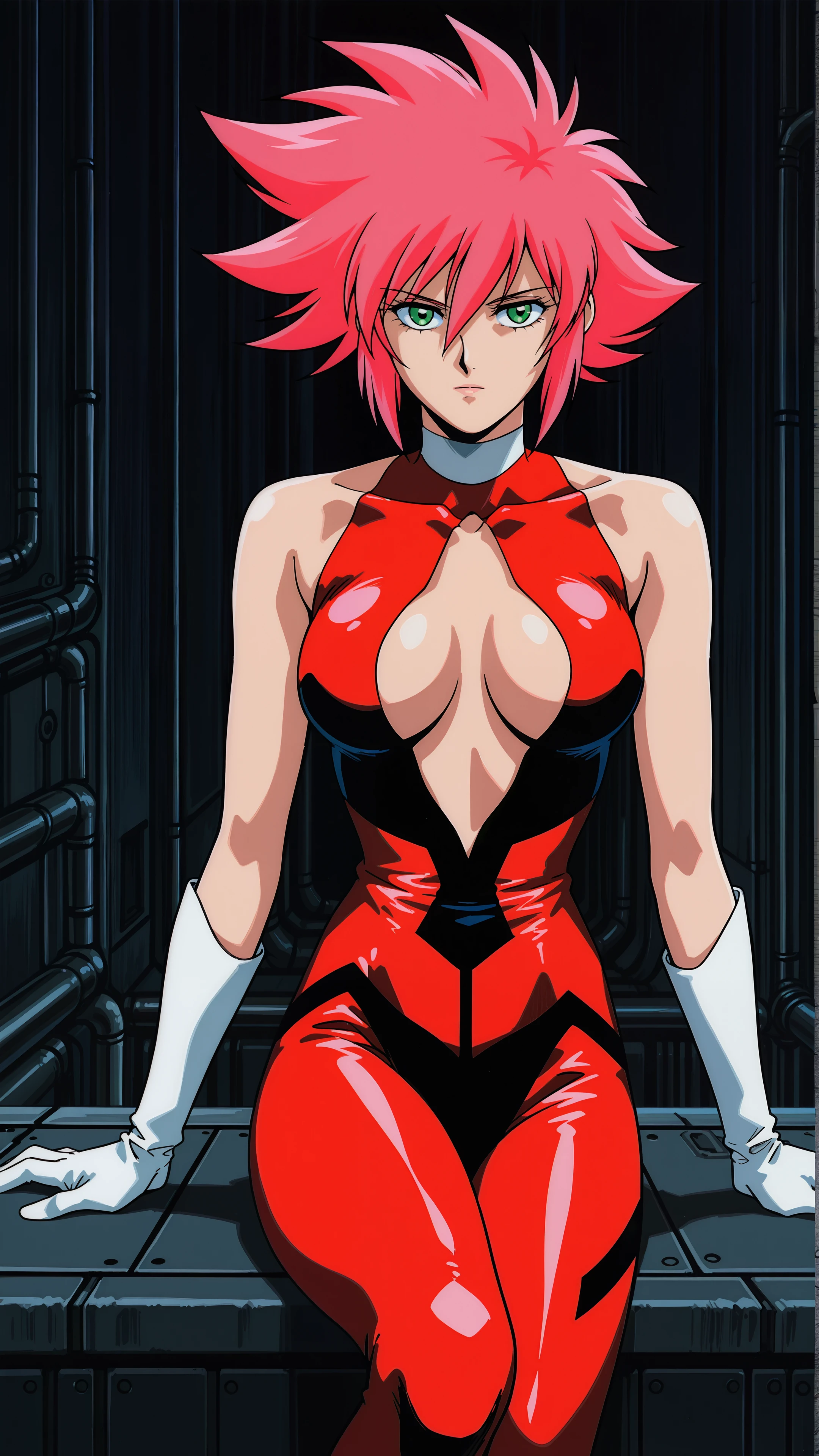 absurdres, 1girl, spiked hair, pink hair, hair between eyes, green eyes, red bodysuit, (latex:0.5), center opening, bare shoulders, covered collarbone, white gloves, legs, looking at viewer, expressionless, <lora:cuteyhoney:0.7>