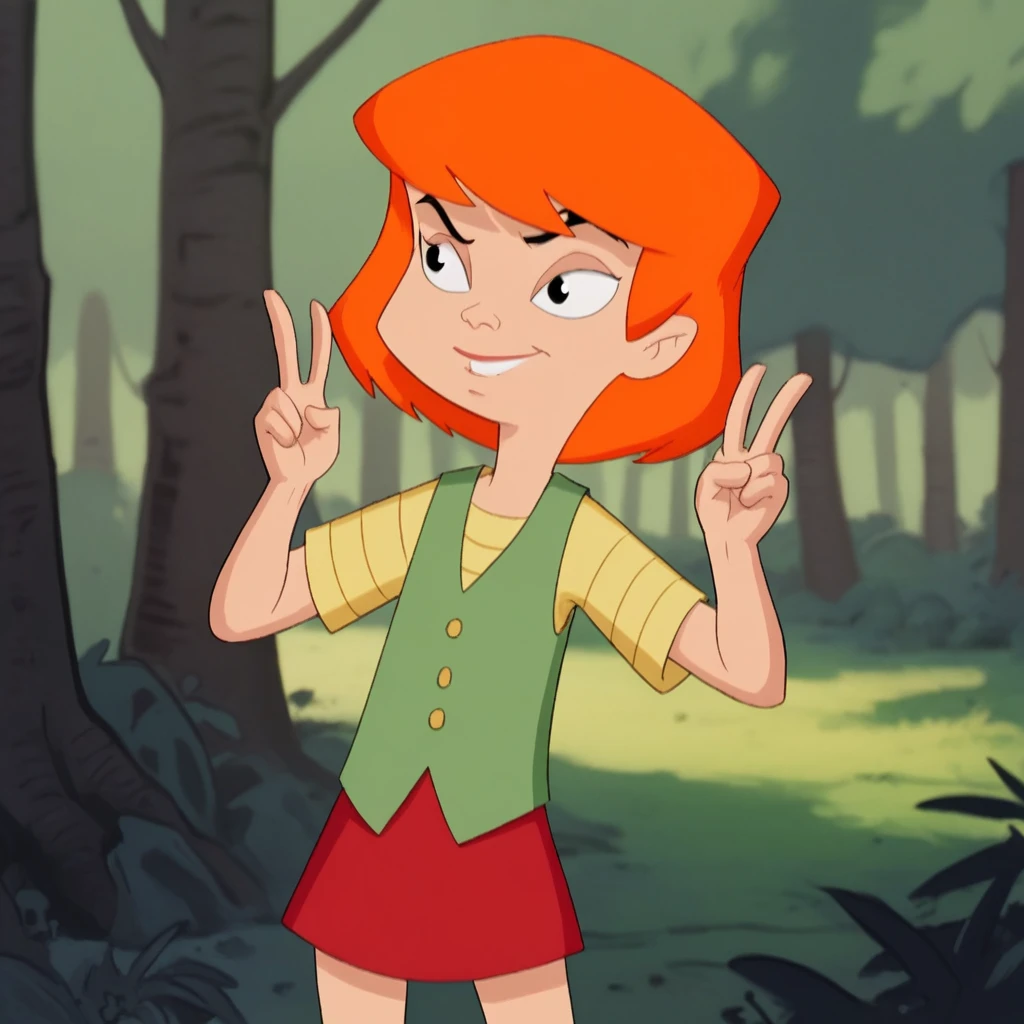score_9_up, score_8_up, BREAK, Darla, 1girl, solo, orange hair, short hair, black eyes, shirt, vest, skirt, cowboy shot, <lora:DarlaGugenheek_PXL_Leaf1:1>, outdoors, forest, double v,