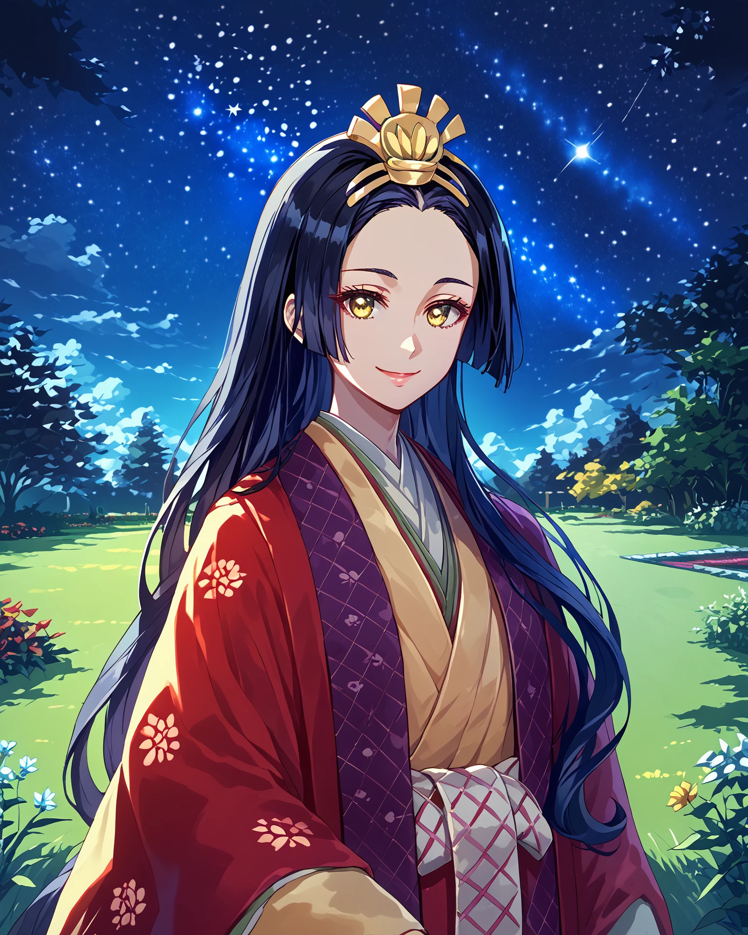 1girl, juunihitoe, wearing juunihitoe, black hair, long hair, smile, garden, nature, grass, lawn, starry sky, night sky, milky way, gold eyes, digital art, masterpiece, absurdres, highest quality, score_9, score_8_up, score_7_up,  <lora:Juunihitoe_XL:1.2>,  waist up,  <lora:EndEndStart:1.2> kaoro