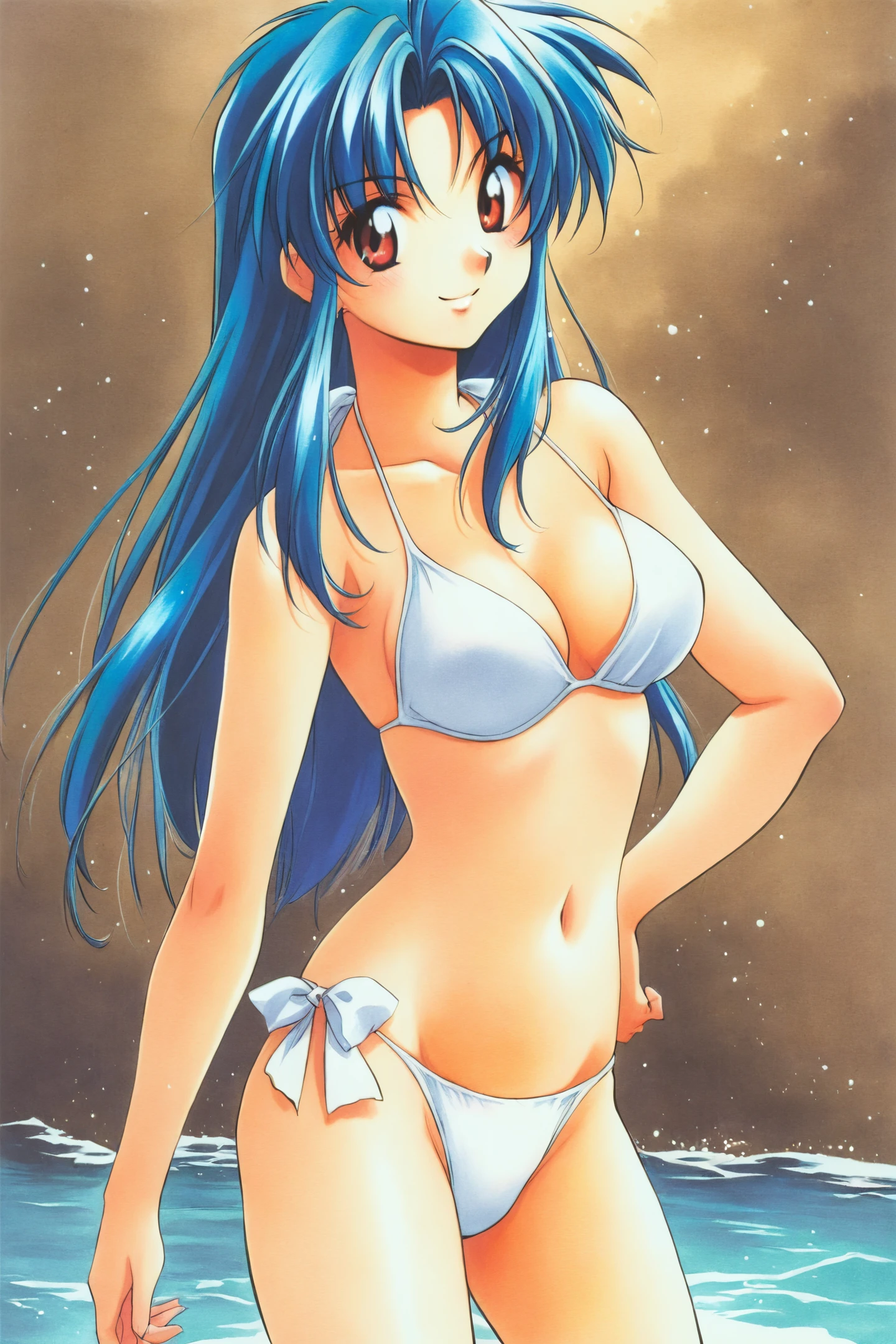 Kaname Chidori,1girl,solo,smile,ChidoriKaname,blue hair,long hair,brown eyes,red eyes,white bikini,cowboy shot,standing,traditional media,
<lora:Shiki Doji_illustriousXL:0.8>,