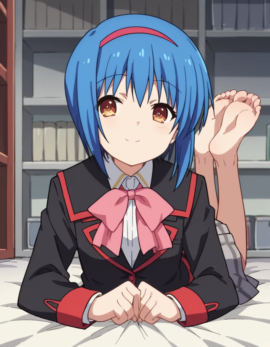 score_9, score_8_up, score_7_up, source_anime, <lora:mio-nishizono-s2-ponyxl-lora-nochekaiser:1>, mio nishizono, short hair, brown eyes, blue hair, hairband, anime screencap, skirt, bow, school uniform, pink bow, blazer, black blazer, red trim, long sleeves, grey skirt, plaid skirt, pleated skirt,, storage room, shelves, boxes, clutter, supplies, smile, <lora:the-pose-ponyxl-lora-nochekaiser:1>, the pose, on stomach, feet up, lying, soles, feet, legs up, head rest, barefoot, looking at viewer, solo,, dutch angle, cowboy shot