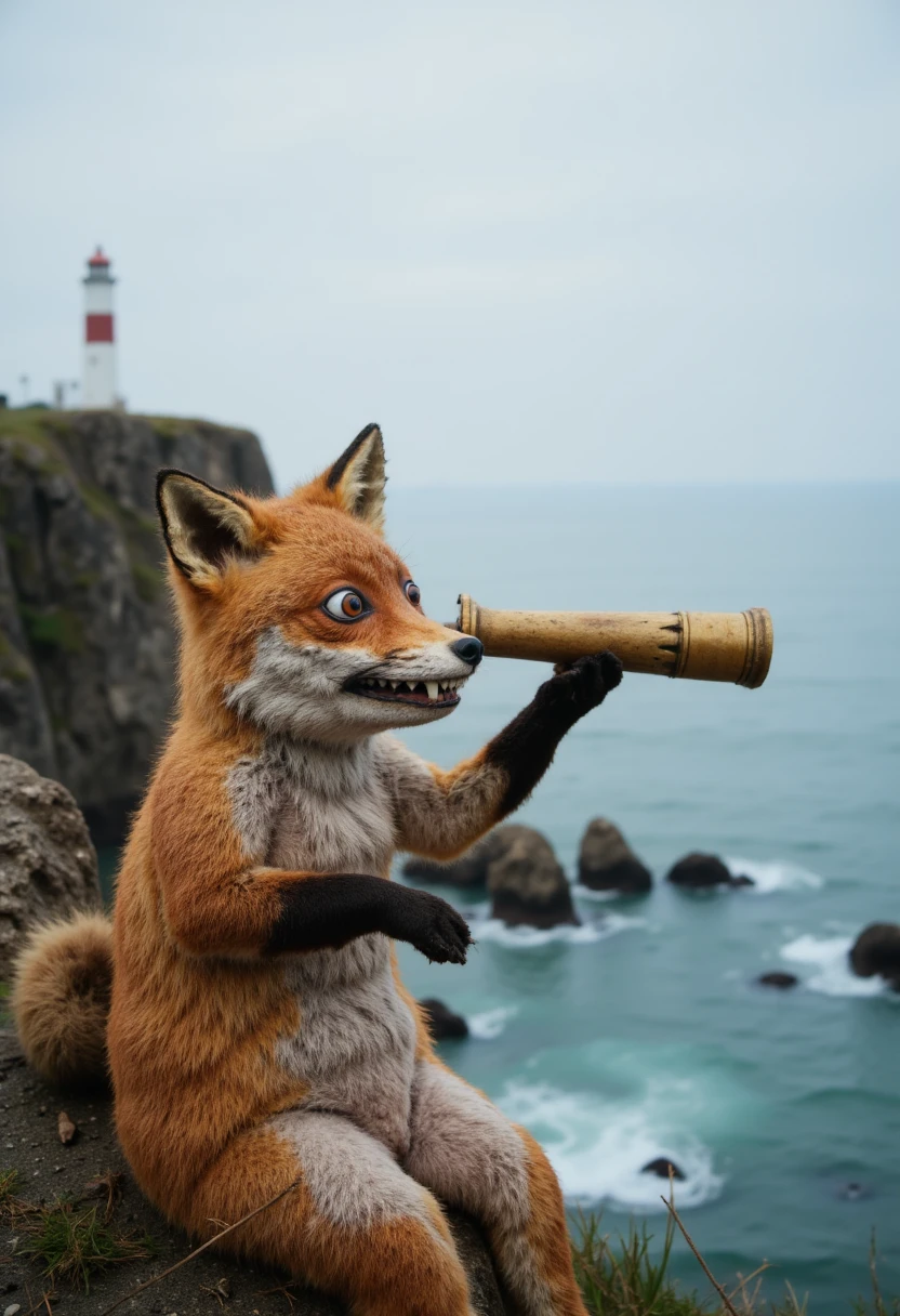 5tuff3d 4n1m4l, a fox holding a spyglass on a cliff overlooking the ocean, with waves crashing against the rocks below.  