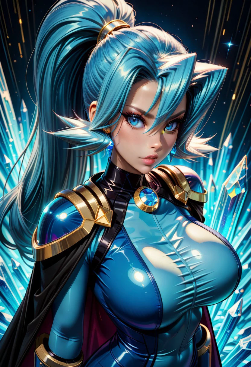 masterpiece, best quality, 1girl, solo, eyelashes, (beautiful eyes),
zzClair, solo, 1girl, long hair, blue hair, blue eyes, ponytail,
1girl, solo, long hair, breasts, looking at viewer, blue eyes, large breasts, gloves, hair between eyes, jewelry, blue hair, ponytail, earrings, cape, lips, bodysuit, shoulder armor, gem, skin tight, crystal, black cape, blue bodysuit