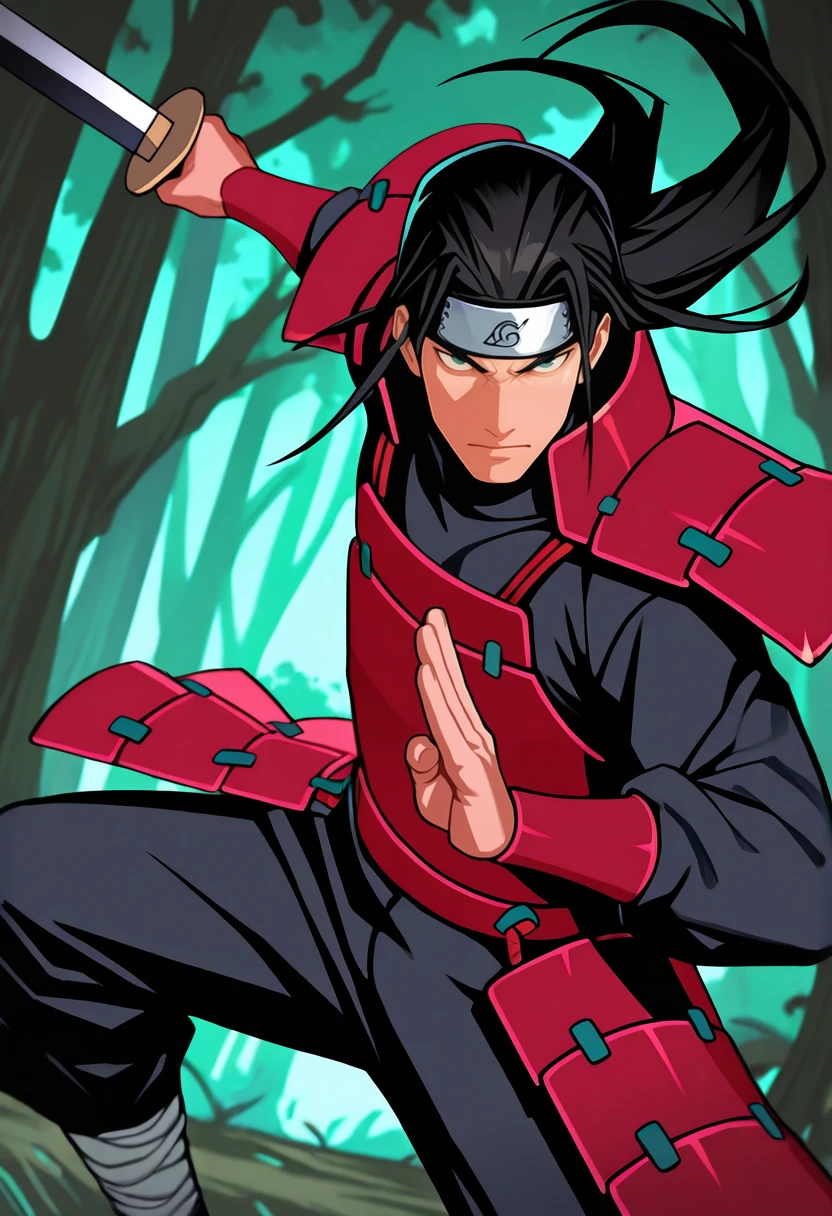 masterpiece, best quality, vibrant, very aesthetic, high contrast, 1boy, <lora:Hashirama_Senju_ILLU:0.8> hsrm, forehead protector, japanese armor, fighting stance, holding weapon, forest background, masterwork, raytracing, highly detailed, absurdres, masterful composition, cinematic lighting, rim lighting