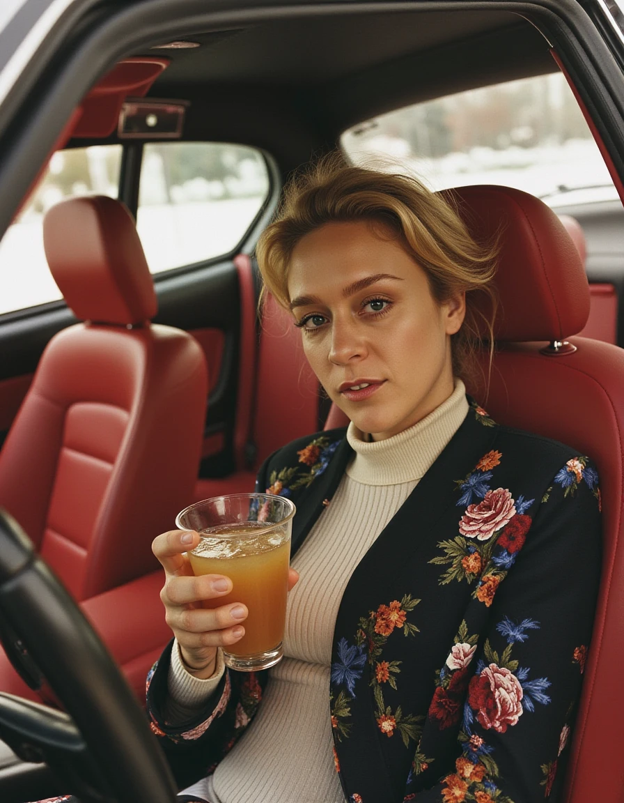 <lora:chloe-sevigny-flux:1> the, her, woman sitting in a fancy sports car with a drink in her hand and a cigarette wearing a turtleneck in the winter