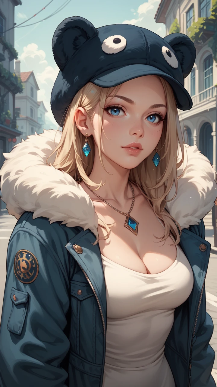 score_9, score_8_up, score_7_up, score_6_up, score_5_up, score_4_up,1girl, animal ears, animal hat, blue eyes, breasts, cleavage, fur trim, hat, jacket, jewelry, lips, long sleeves, looking at viewer, medium breasts, necklace, outdoors,