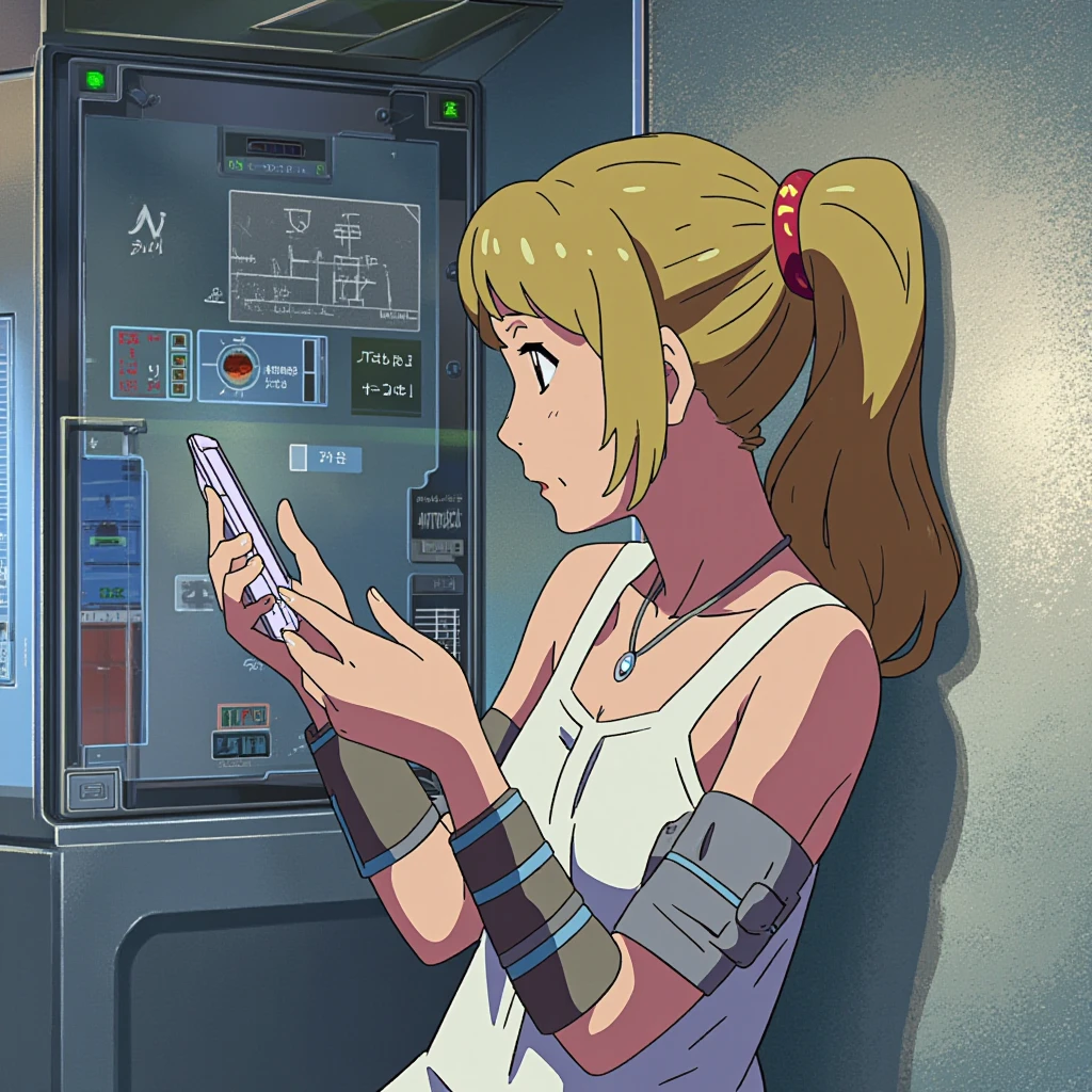 anime screencap in yn artstyle, a young woman with an 80s style blonde ponytail with bangs is leaning against the wall in a corner at a party, looking at the glowing phone display in her hand, while moving her other hand through her hair. she is wearing a sleeveless white dress and armbands and a necklace.