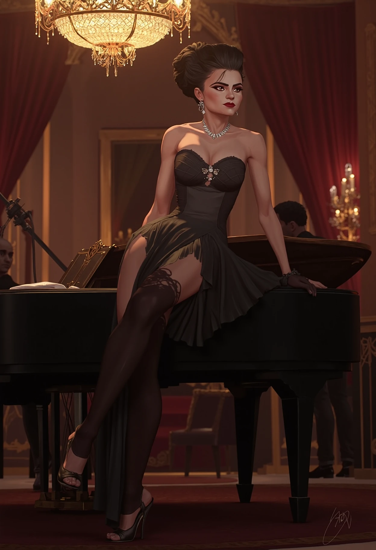 digital illustration of an opera singer posing confidently on top of a grand piano in a luxurious, dimly-lit lounge, wearing a dress with a side slit. She sits on the piano with her legs crossed, holding a microphone. She wears stiletto heels and a pair of dangling diamond earrings, adding to the sense of opulence. A vintage chandelier hangs above, casting soft light over her. The scene feels both artistic and rebellious, mixing elegance with an unconventional, daring pose
<lora:dvr-arcane-flux:1>