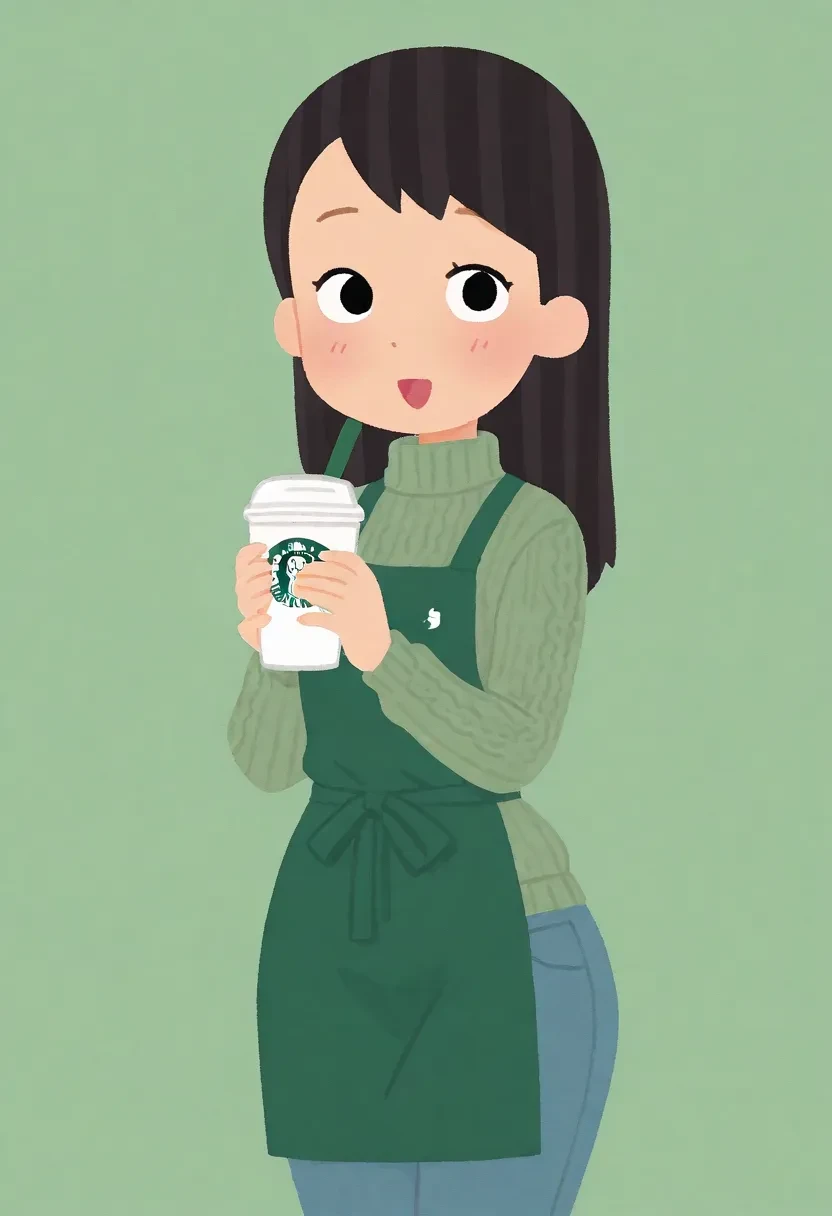 1girl,original,general,masterpiece,vector graphic,irasutoya,
cuteg,cartoonized,simple background,irasutoya,
1girl,solo,knit sweater,jeans,wide hips,green apron,looking at viewer,black eyes,long hair,blush,open mouth,kind_smile,holding cup,starbucks,cafe,green theme,
highres,masterpiece,newest,irasutoya,<lora:Irasutoya:1.3>,