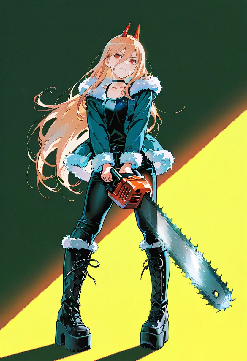 DCC boots, platform boots, fur trim,1girl,solo,ikeda ruriko,power (chainsaw man),