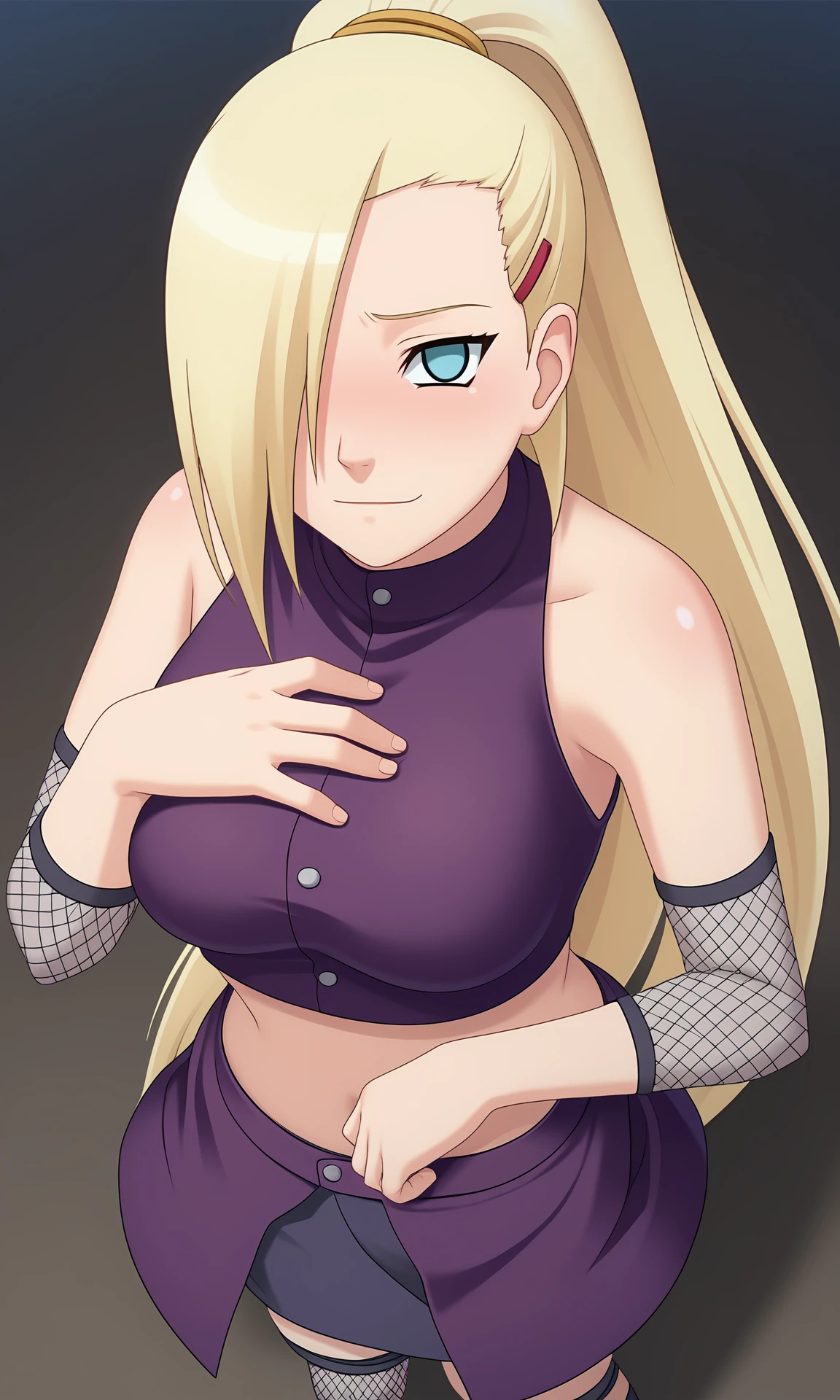 game cg,
breasts, standing, hand on own chest,
 from above, pov, close-up,
yamanaka1n0, 1girl, solo, looking at viewer, blue eyes, no pupils,
long hair, hair over one eye, hairclip, blonde hair, high ponytail,
crop top, bare shoulders, elbow fishnets,midriff, navel,
purple skirt, knee fishnets,leg wrap,
toeless footwear, 
smile, full face blush, half closed eyes, shy, frown, 
simple background, glowing, shadow, 
<lora:Naruto_InoYamanaka_PXL-000018:1>