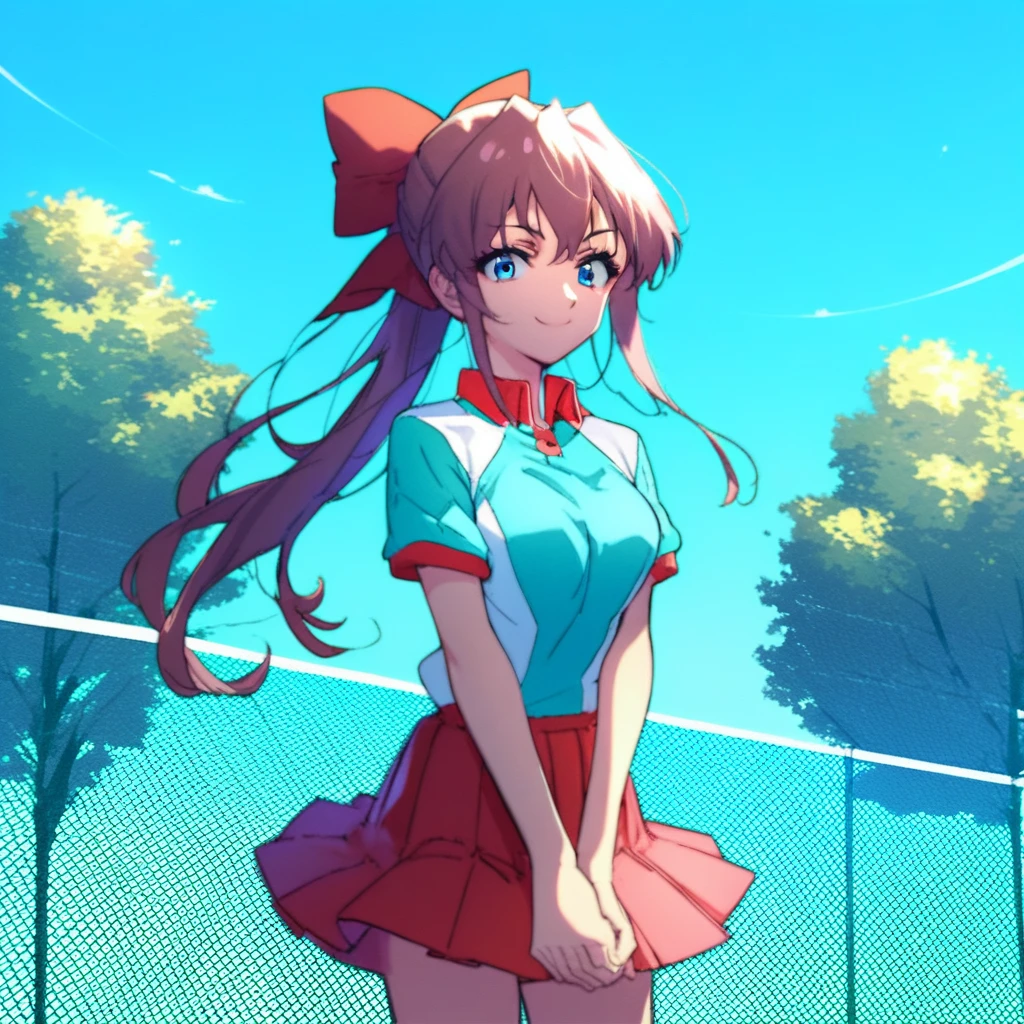 score_9, score_8_up, score_7_up, source_anime 1girl, KanzakiaoiTB, tbtennisuniform, 1girl, solo, blue eyes, hair bow, tennis uniform, polo shirt, raglan sleeves, pleated skirt, red skirt, fence, v arms, smile, closed mouth, tree, sky, short sleeves