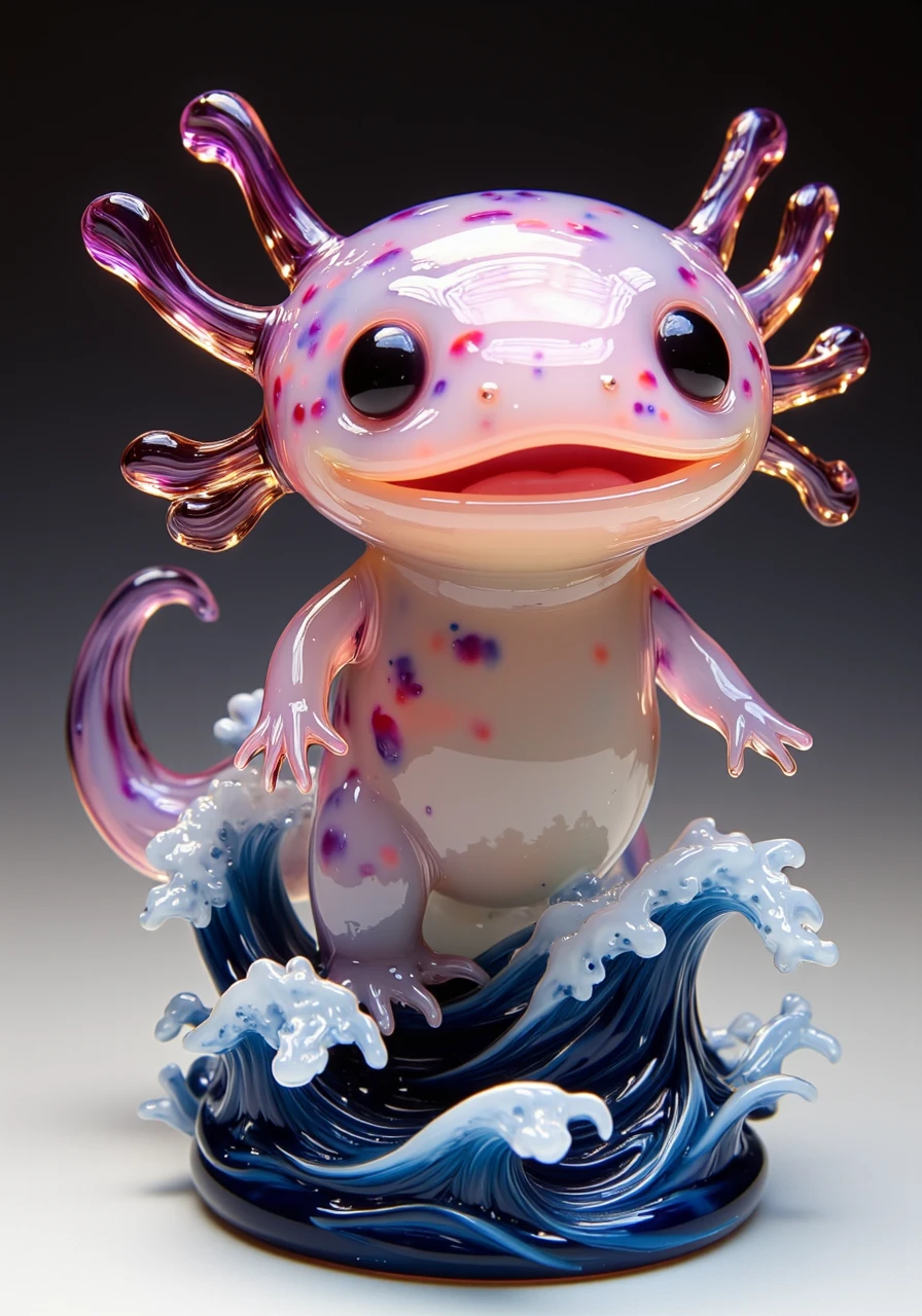 OBsgdys, OBsgdys glass simple pink axolotl on a base with intricate splashing blue and white water waves designs, smiling<lora:Axomodel_Flux_V2.safetensors:0.85:0.85> <lora:OBç»çæå·¥ç¯èºæ¯.safetensors:1:1>