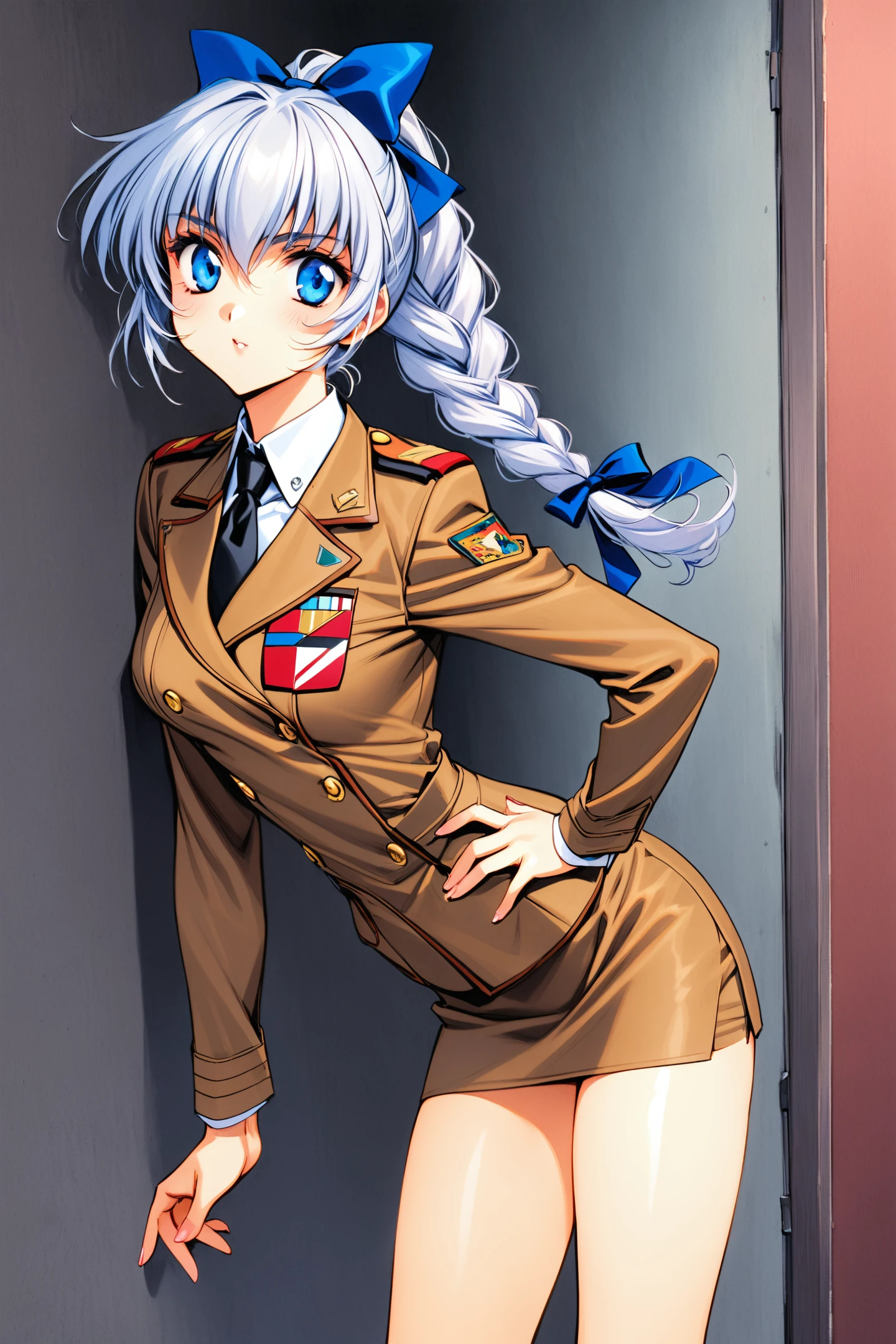 Teletha Testarossa,1girl,solo,telethacapn,long sleeves,white shirt,collared shirt,grey hair,braid,hair bow,necktie,blue eyes,braided ponytail,blue bow,military uniform,wing collar,black necktie,hair over shoulder,brown jacket,brown skirt,pencil skirt,miniskirt,emblem,thighs,bare legs,black footwear,high heels,pumps,standing,hand on own hip,traditional media,retro artstyle,
<lora:Shiki Doji_XL_V1.1:0.8>,