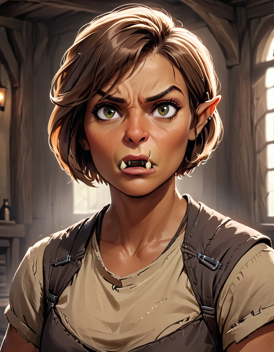 source_photo, rating_safe, RAW photo, cinematic still, action shot, 1girl, mature, 50yo, woman, as a ranger, orc, tusks <lora:B1ue:1> green eyes, short hair, grizzled hair, indoors, dark skin, deep tan, Disgusted, A wrinkled nose, raised upper lip, and a slightly open mouth.  Slender, toned body.