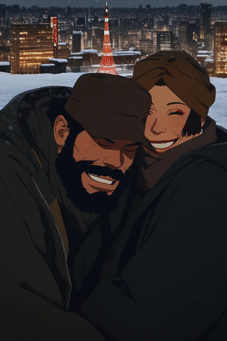 realistic shading, natural lighting, gay couple focus, looking at another, expressive face, HanaTG, brown_HanaTG_headwear, black_HanaTG_2ndmale hair, closed eyes, smiling, 2ndboy, GinTG, black_GinTG_facial hair, black_GinTG_male hair, red_GinTG_hat, closed eyes, 1stboy, happy, hugging another, shiny skin, cowboy shot, dynamic angle, outdoors cityscape, tokyo tower, snowing, snow, intricately detailed illustration, masterpiece, best quality, amazing quality, very aesthetic, absurdres, newest