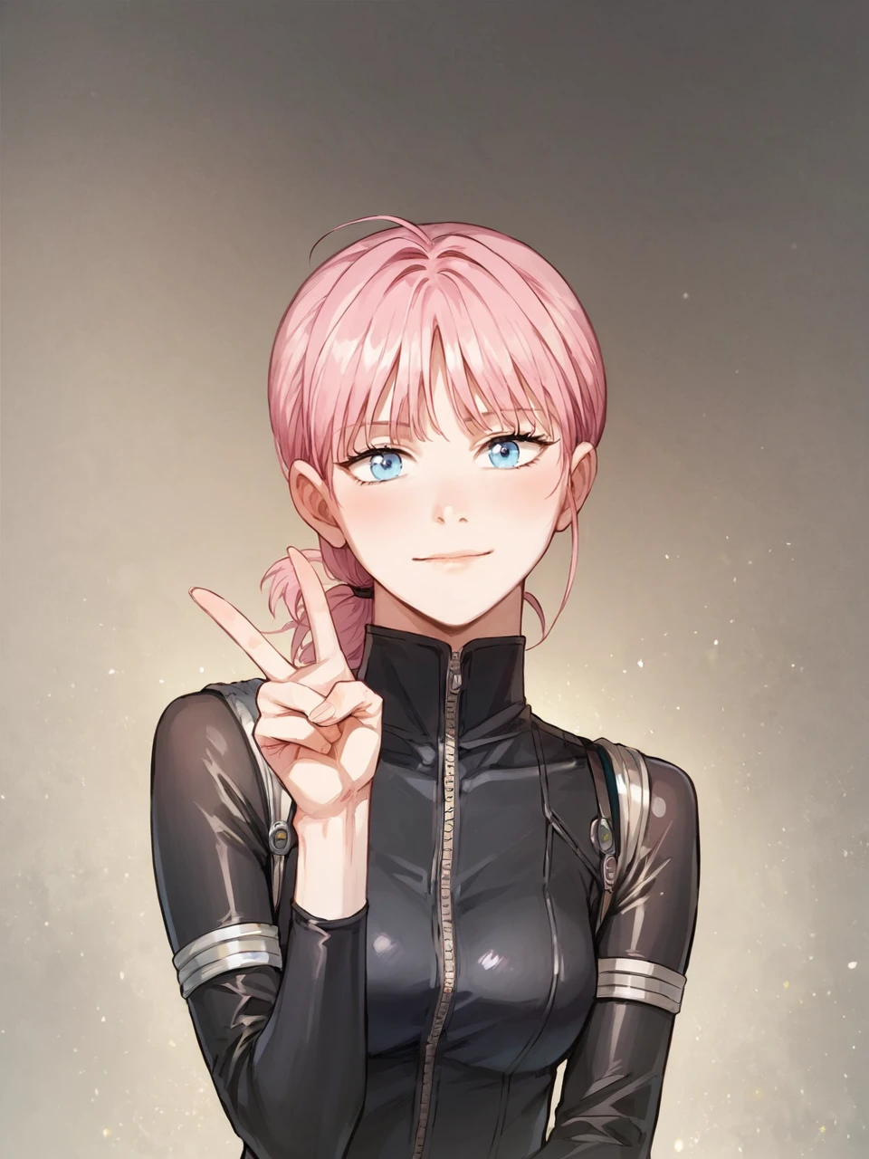 score_9, score_8_up, score_7_up,masterpiece, high quality, best quality,uncensored,perfect face,perfect eyes,detailed face,2d,anime,
rosica drax, pink hair, blue eyes,tied hair,
black bodysuit,
(V-sign),
 <lora:Rosica_Drax_V1:1>