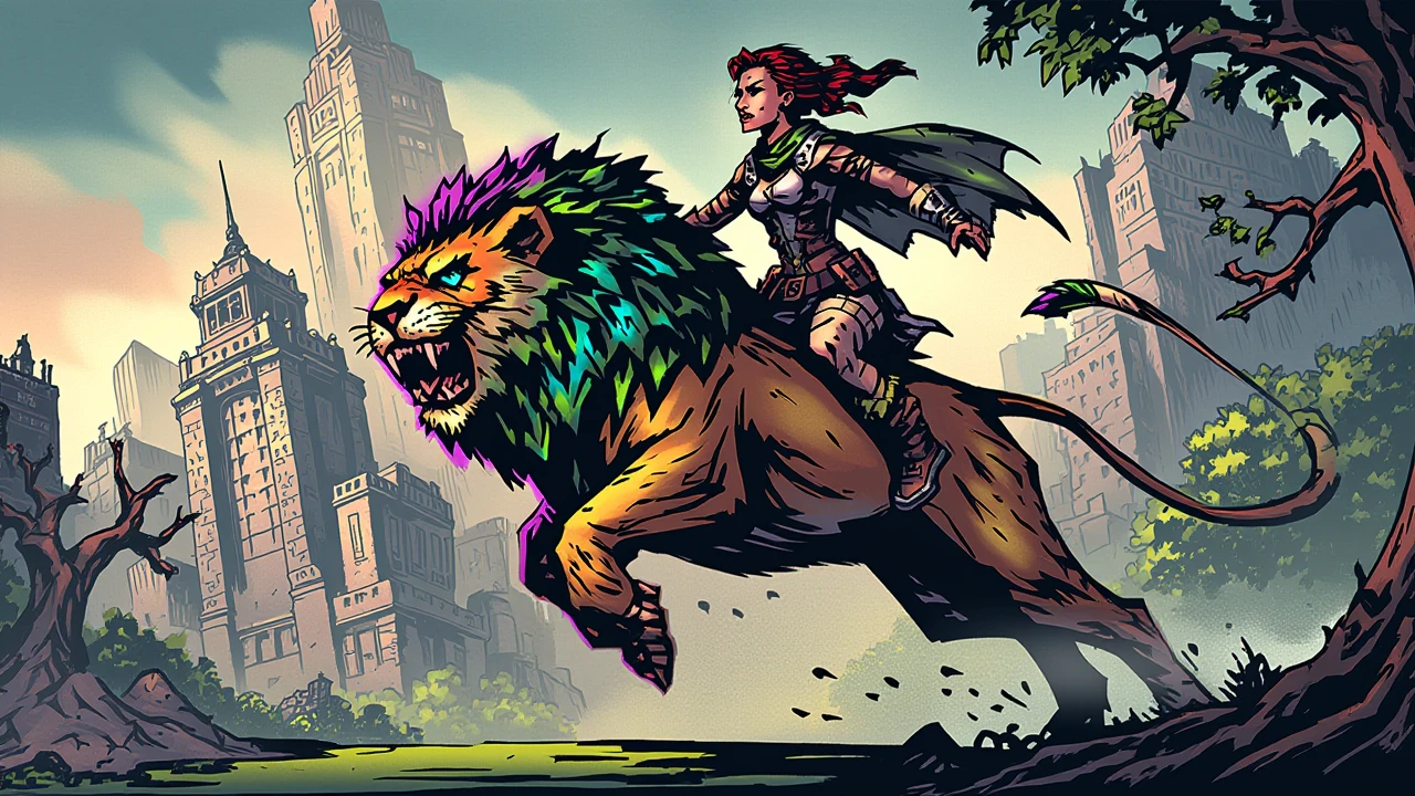 inked comic illustration in dd artstyle, A post-apocalyptic city overrun by nature, with skyscrapers covered in vines and trees growing from the rubble. A young woman wearing makeshift armor with a cape above worn and tattered casual clothes rides on top of a giant lion with a colorfully glowing mane. the two are depicted mid-motion as the lion is running.