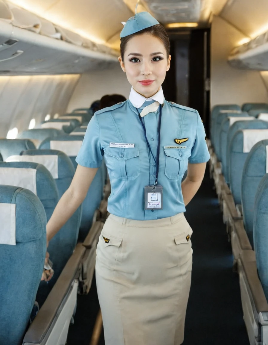 <lora:Korean_Air_Stewardess_trigger(uniform)_xl:1> a beautiful woman wearing a uniform, standing in the plane