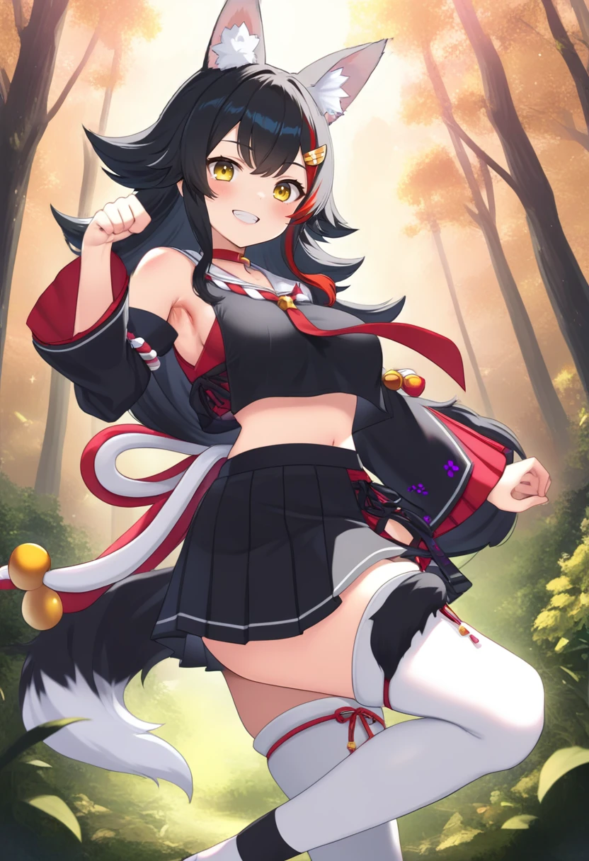 masterpiece, best quality, 1girl, solo, body blush, <lora:Ookami-Mio(iXL)V1:0.85>, ookami mio, ookami mio (1st costume), wolf ears, wolf tail, wolf girl, black hair, red hair, long hair, multicolored hair, streaked hair, flipped hair, hairclip, bell, hair ornament, red choker, shimenawa, yellow eyes, grin, smile, blush, pointy breasts, large breasts, midriff peek, navel, armpits, black skirt, pleated skirt, white thighhighs, zettai ryouiki, legs, black shirt, shirt overhang, red necktie, sleeveless, detached sleeves, side slit, black serafuku, paw pose, standing, straight-on, arched back, forest, tree, outdoors, looking at viewer, <lora:Fixhands_anime_bdsqlsz_V2:0.8>