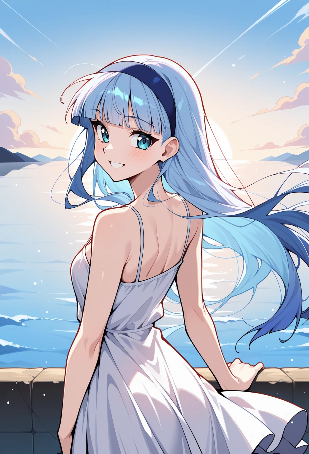 masterpiece, best quality, high quality, anime, solo, 
 <lora:AEUmiIlx:1>
AEUmiDef, blue eyes, blue hair, blunt bangs, long hair, blue hairband, 
white sundress, spaghetti strap, twisted torso, horizon, lake, looking back, smile, floating hair,