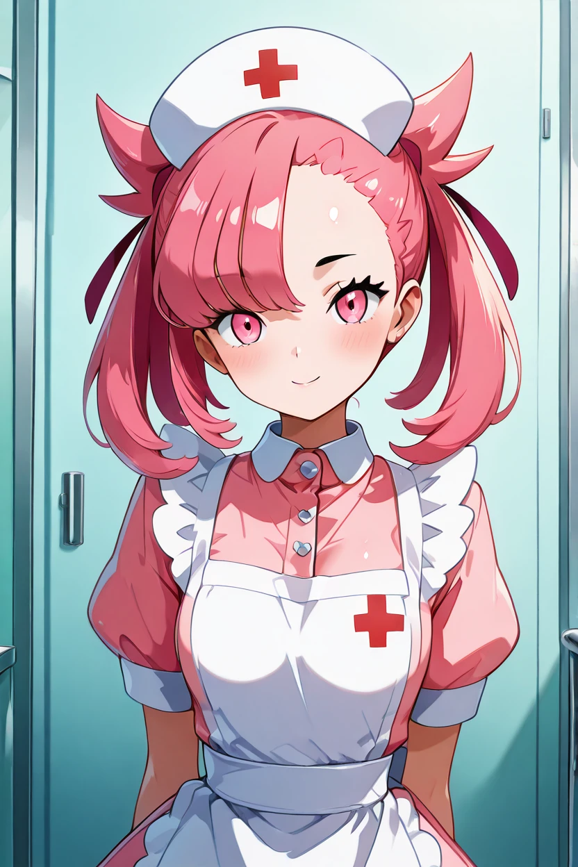 masterpiece, best quality, 1girl, solo, (beautiful eyes), zzNurseMarnieCitron, pink eyes, hair ribbon, medium hair, pink hair, asymmetrical bangs, ribbon, nurse, pink dress, white apron, nurse cap,  <lora:NurseMarnieIXL:1.0>,   <lora:HaradaTakehitoIXL_v3:1.3>,upper body, smile, looking at viewer, shiny skin,