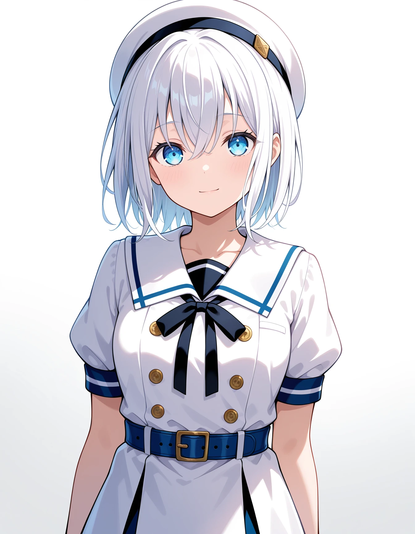 <lora:kurata_mashiro_noobXL-000011:1>, kurata mashiro, white hair, 1girl, solo, school uniform, puffy short sleeves, dress, buttons, black ribbon, neck ribbon, white sailor collar, blue belt, black belt, white dress, light smile, breasts, light blush, looking at viewer, white hat, arms at sides, gradient background, grey background, black shirt,, very awa, masterpiece, best quality, highres, absurdres, newest,