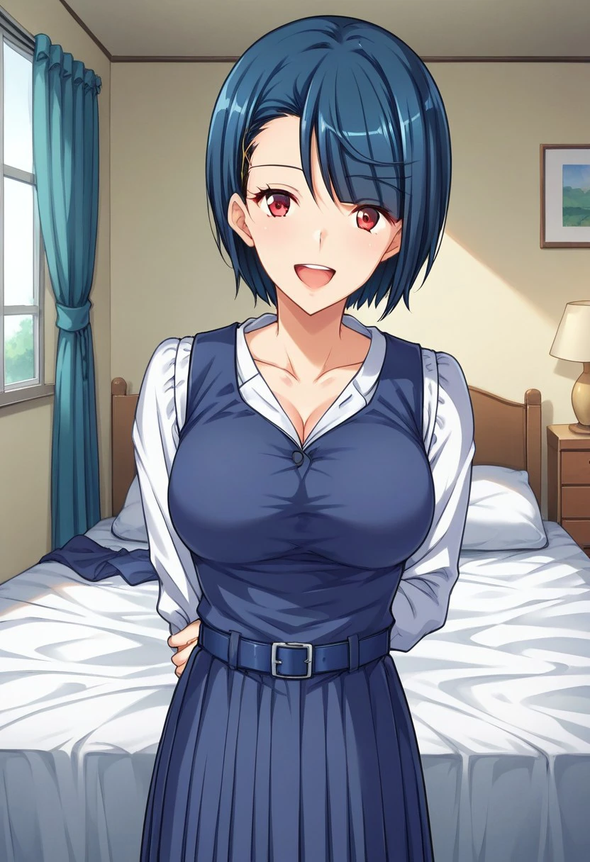 score_9, score_8_up, score_7_up, source_anime, indoors, 1girl, solo,looking at viewer, happy,indoors,medium breasts,Blue hair, short hair, red eyes,hair ornament,hairclip,asymmetrical hair,medium breasts,bedroom,standing,hands on the belly,hands over each other,school uniform,long sleeves,long skirt,blue pleated skirt,blue pinafore dress,pinafore dress,blue belt,cleavage,white shirt,shirt,arms behind back