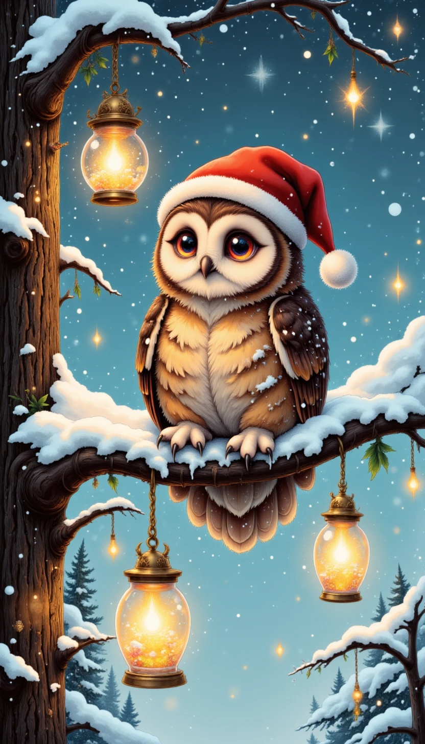 pinkdarkinkchristmas,

A winter owl perched on a snowy tree branch, wearing a tiny Santa hat and glowing lanterns hanging nearby.