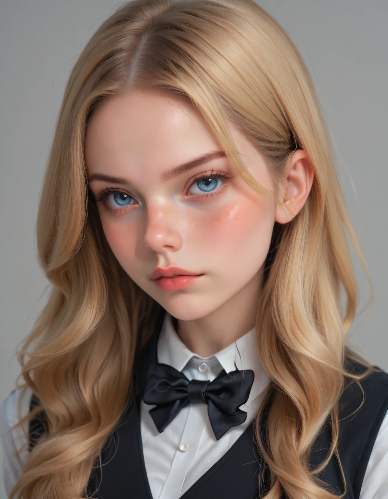 (((Profile headshot))),(((Dynammic angles))),score_9,score_8_up,score_7_up,1girl,realistic,freckles,blonde hair,blue eyes,black bow,long hair,looking at viewer,white shirt,collared shirt,realistic,lips,black bowtie,simple background,portrait,grey background,closed mouth,black jacket,upper body,formal,black vest,ray tracing,(depth of field),(fine textures details),<lora:MPV@M3gan_PonyXL_V2_epoch_6:0.8>,<lora:Hand v3 SD1.5:0.5>,