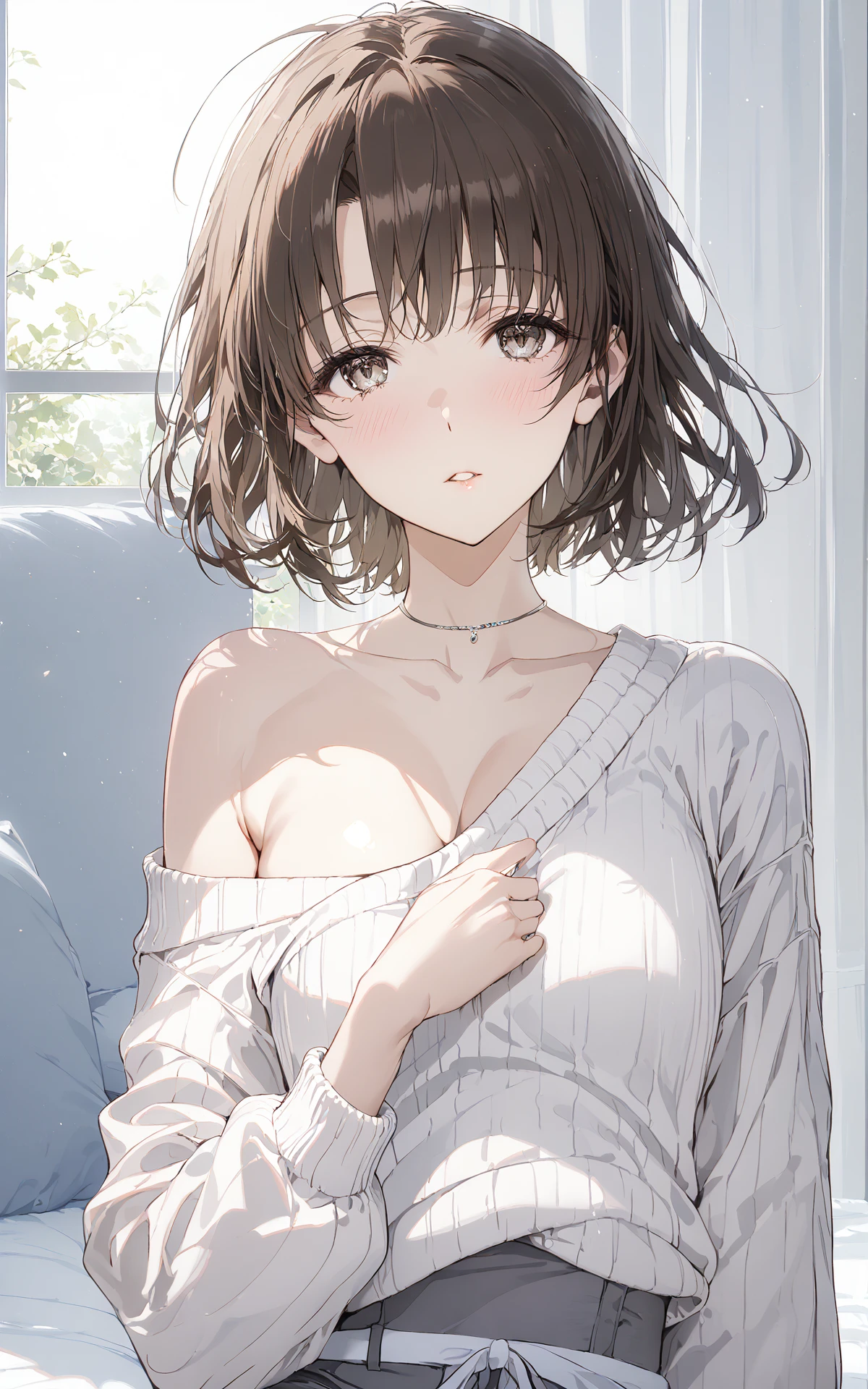 1 katou megumi\(saenai_heroine_no_sodatekata\),solo,looking at viewer,expressionless,amazing quality,
1girl,<lora:KMpony_XL:1>, shy,
1girl, muted color palette, soft and subtle tones, delicate lighting, ethereal atmosphere, full-length portrait, elegant and poised posture, detailed and intricate textures, harmonious composition, sensual and relaxed outfit, oversized off-the-shoulder sweater, loose and draped fit, revealing one shoulder, paired with high-waisted, form-fitting lounge shorts, barefoot with a delicate anklet, soft glowing skin, minimalistic jewelry, cozy yet seductive look, soft and breathable fabrics, neutral and earthy colors, effortless allure with a touch of intimacy, relaxed and inviting atmosphere, natural and unembellished beauty, blending comfort with sensuality, languid and enticing pose, slightly parted lips, half-lidded eyes,