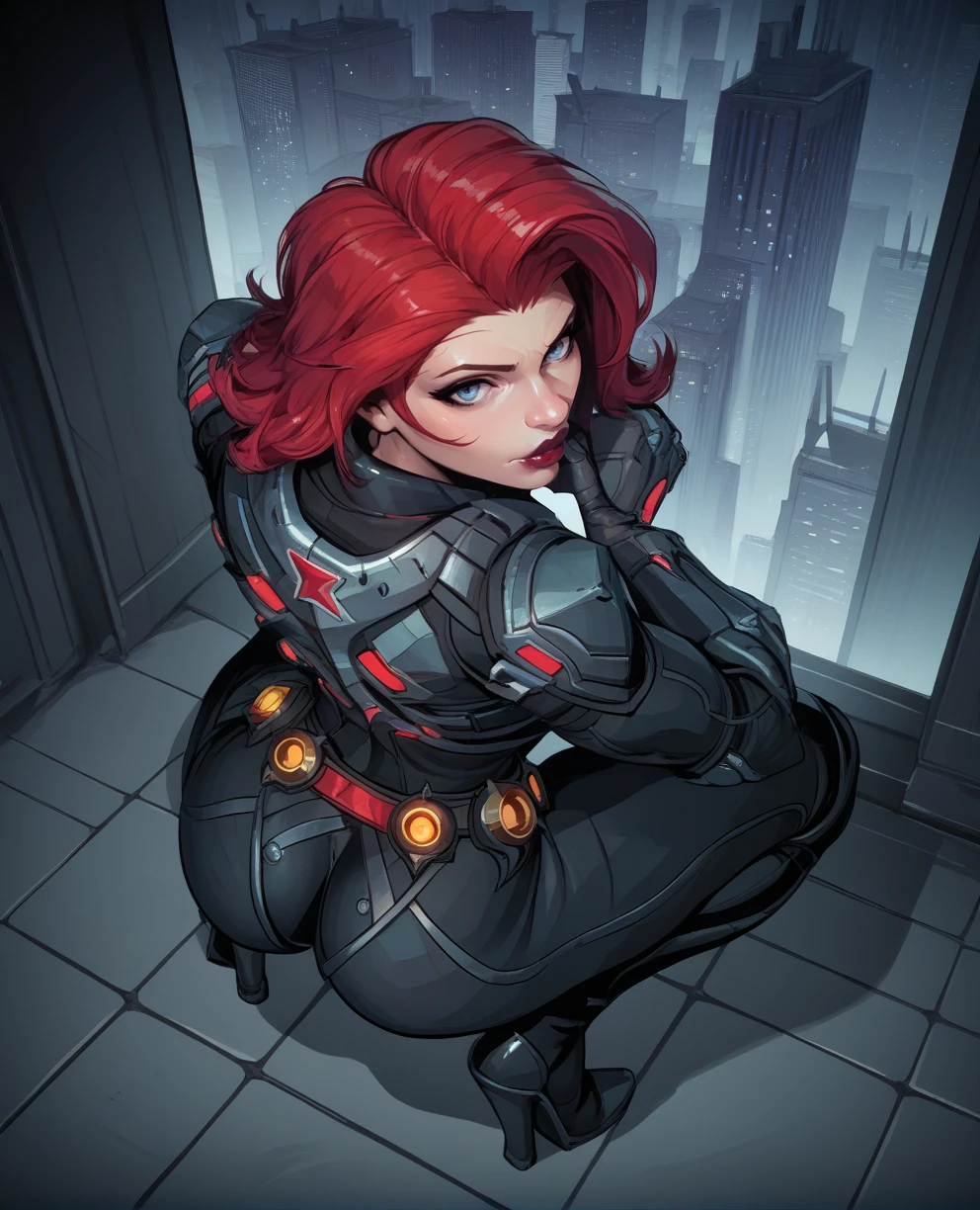 score_9,score_8_up,score_7_up,score_6_up,score_5_up,score_4_up,
blckwdwmr,red hair,blue eyes,lipstick,
black bodysuit,armor,gloves,hips,belt,belt,
 looking at viewer,squatting,
solo, from above,   ass, 
night,city,shadow,
<lora:BlackWidowMR:0.9>,