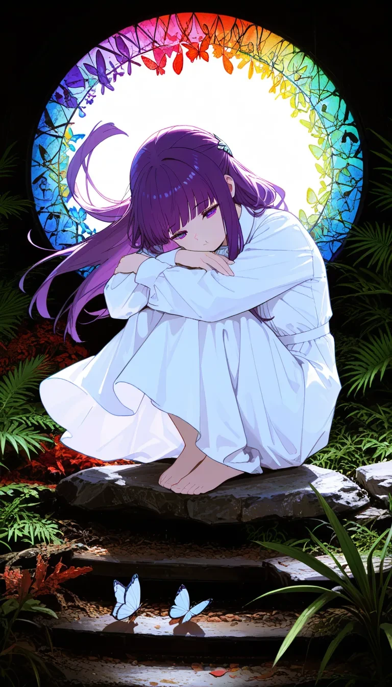 (masterpiece, best quality), amazing quality, very aesthetic, absurdres, highres, newest, photo-referenced, photo background, high contrast, intricate details, detailed background, dak depth, low kye,
Fern\(sousou no frieren)\, purple eyes, purple hair, long hair, half updo, hair ornament, white dress, collared dress, butterfly, , floating hair, multicolored background, knees up, full body <lora:748cmSDXL:0.6>, <lora:薄塗り:0.45>, <lora:ponyv5_noobV065S_1:0.7>, <lora:spo_sdxl_10ep_4k:0.6>, <lora:GBF_Illustrious:0.4>, <lora:MeMaXL4:0.8>