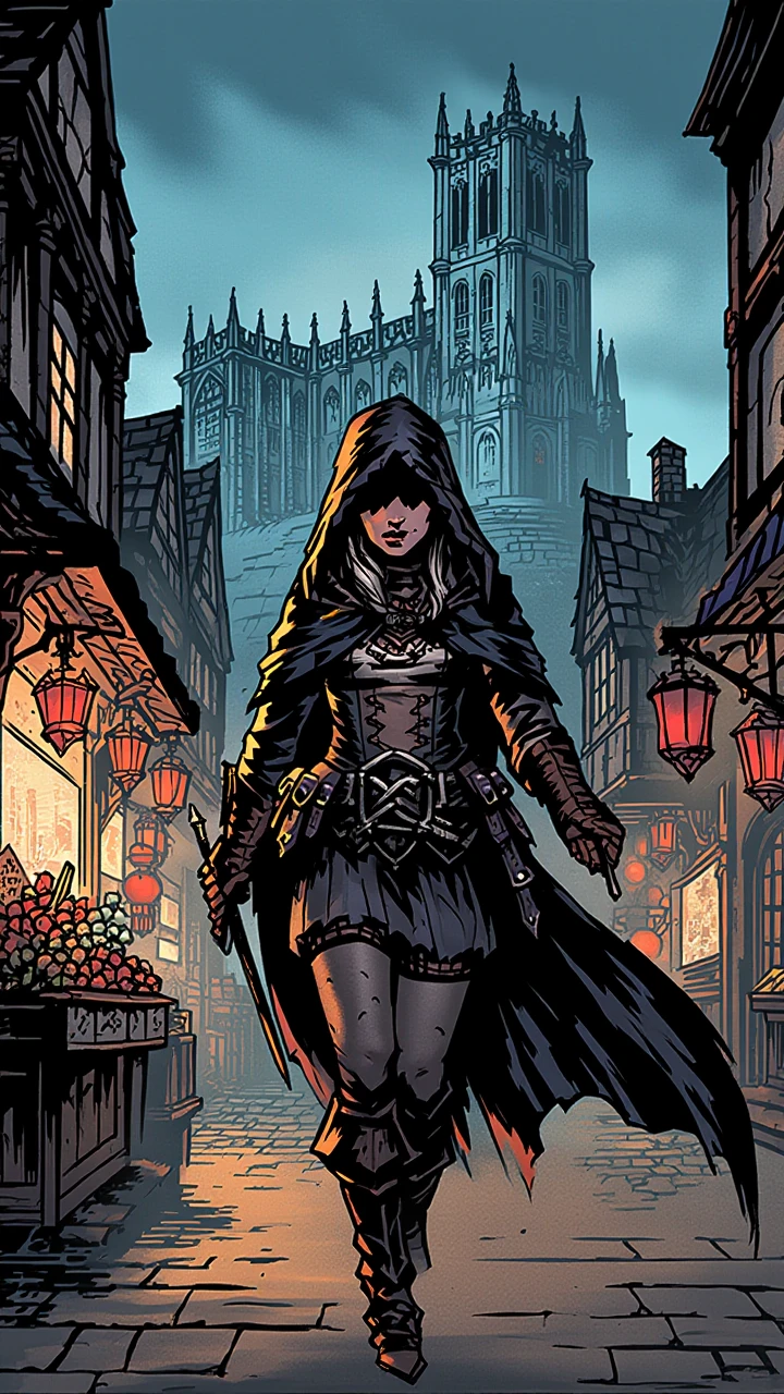 inked comic illustration in dd artstyle, a woman with dark empty black eyes dressed in a hooded fantasy outfit is walking a busy medieval market place during the evening. in the background a large cathedral looming over the marketplace can be seen.