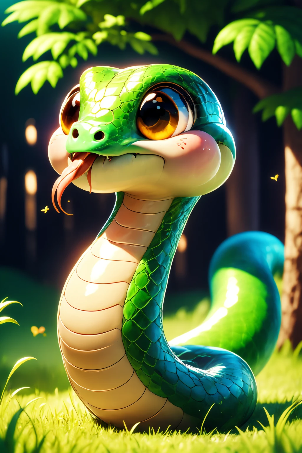 <lora:AgainSnake:1>, no humans, snake, smile, cute snake, big brown eyes, forked tongue, solo, tongue out, red tongue, scales, tail, full body, forest, tree, dirt, grass